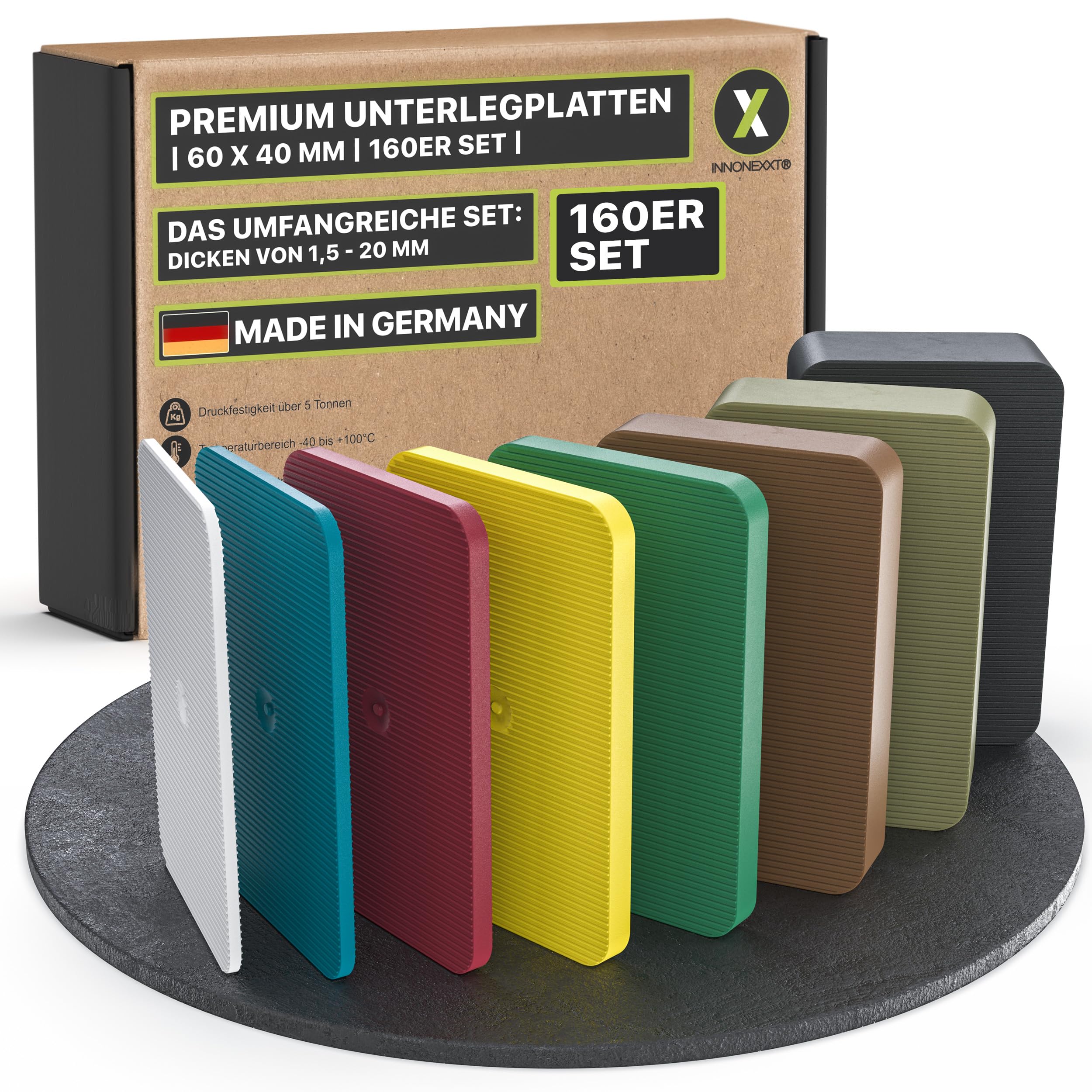 INNONEXXT Premium Plastic Packers | 40x60 mm 160 pcs Mix up to 16 t | Shims, spacers, Plastic Spacer Blocks, Glazing Blocks,Plastic Plates | Made in Germany | Set: 1.5, 2, 3, 4, 5, 10, 15, 20mm — image 1