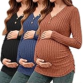 Oakgarden 3 Pack Women's V Neck Maternity Sweaters Long Sleeve Shirts Clothes Pregnancy Henley Tops Ribbed Side Ruched Tunic