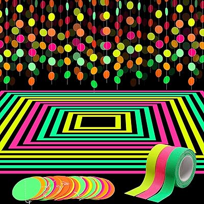 WATINC 72ft Neon Paper Garland, Black Light Circle Dots Hanging Decorations for Neon Birthday Party Wedding Glow in The Dark Decorations, Glow Party Supplies with 3Pcs UV Blacklight Reactive Tapes