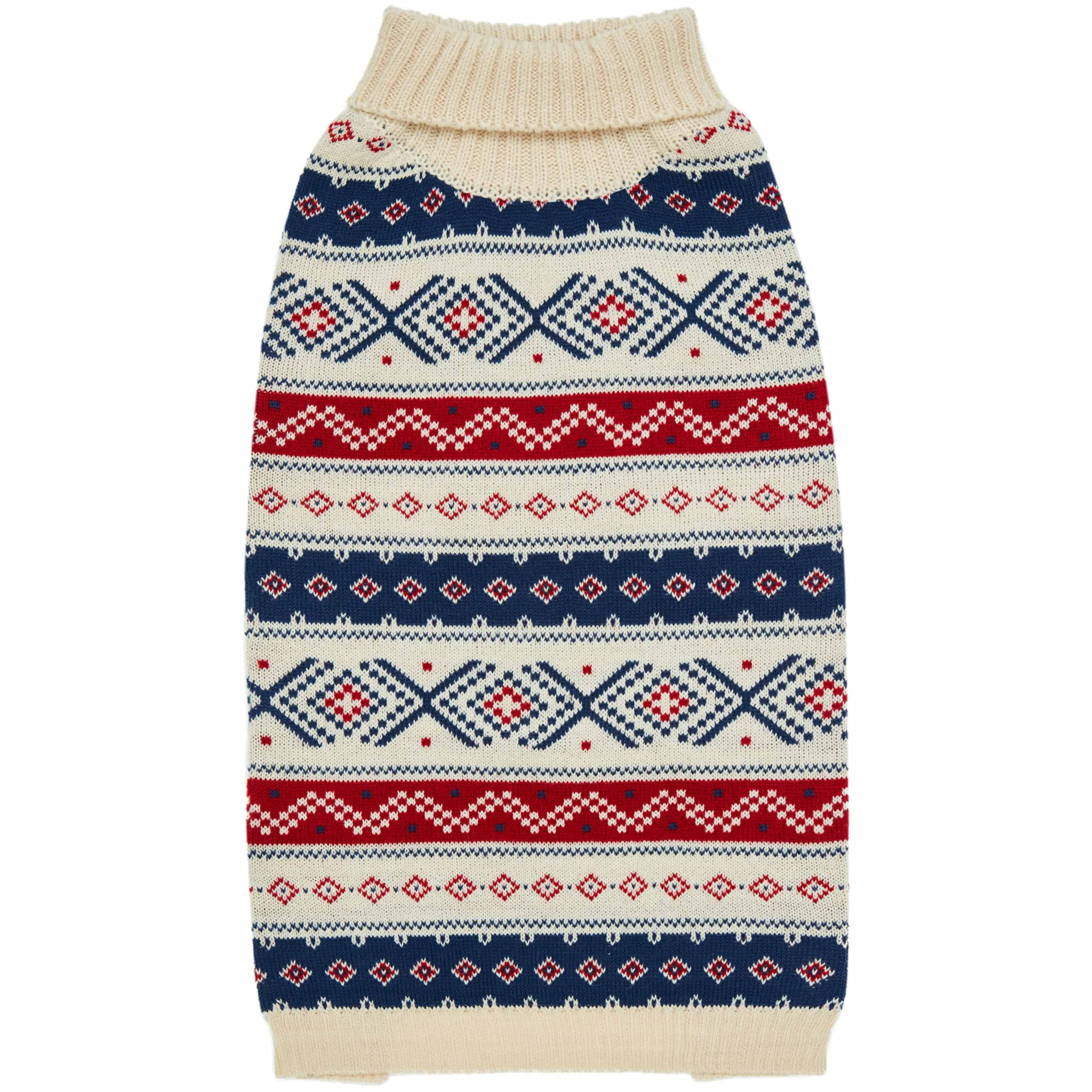 Blueberry Pet Autumn/Winter Turtle Neck Sweater for Dogs with Fair Isle Pattern Perfect for Christmas Holidays and Daily Use, Cream White, Back Length 46 cm