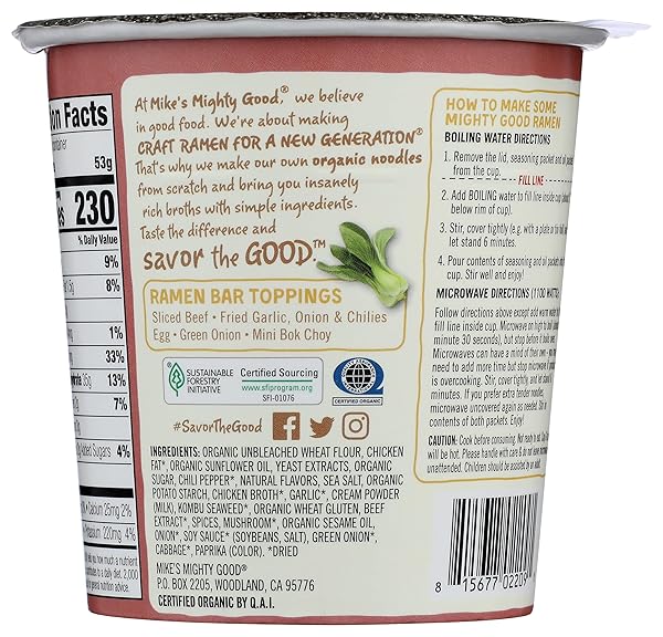 MIKE’S MIGHTY GOOD SPICY BEEF BONE BROTH RAMEN CUP (PACK OF 6) – 10G PROTEIN INSTANT RAMEN NOODLES – ORGANIC STEAMED, NON-GMO, PALM OIL-FREE – RICH TASTING, NO ARTIFICIAL FLAVORS