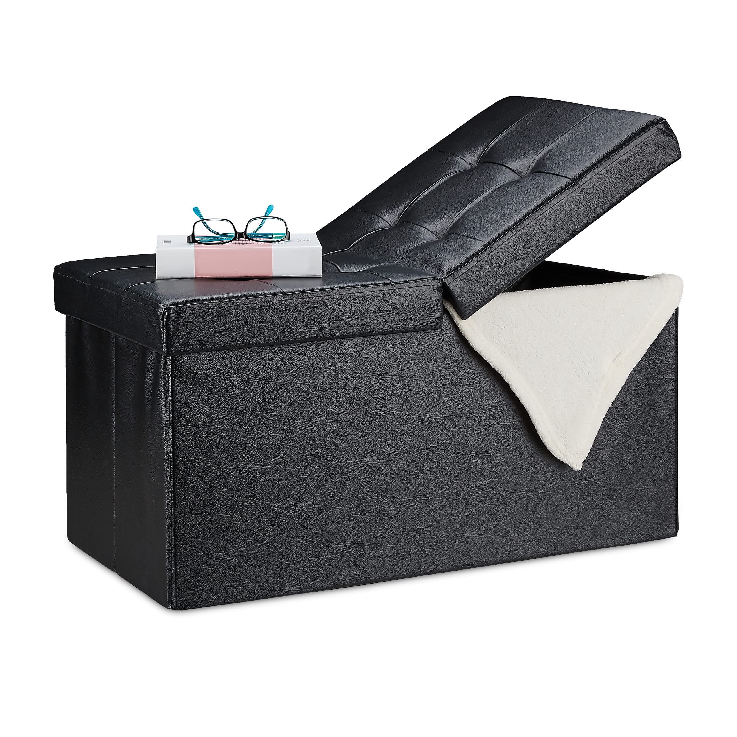 Relaxdays Folding Storage Bench, Faux Leather, Hinged Lid, Hallway Chest, Bedroom Stand, Black, MDF boards, foam, PVC, One Item, 10028707_46
