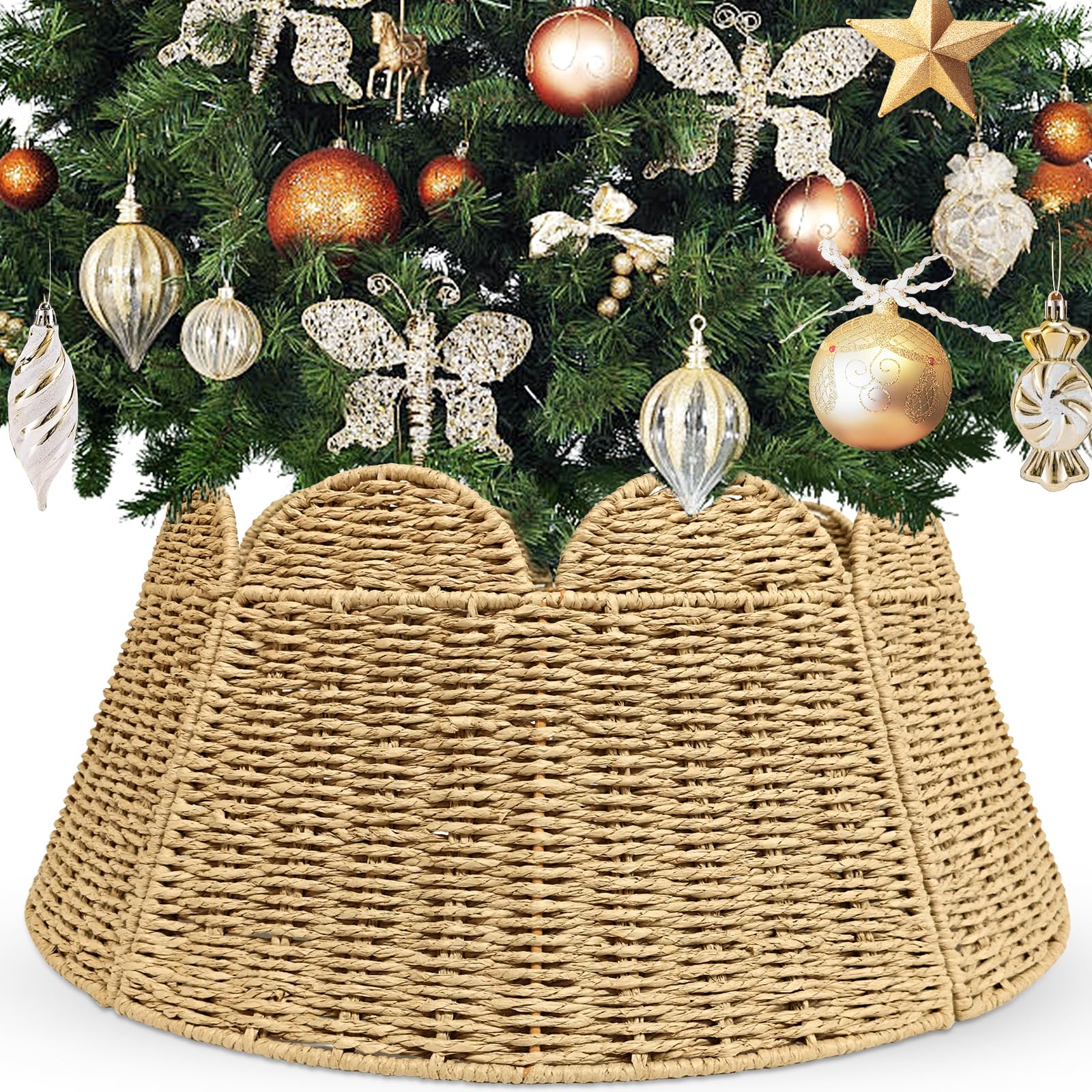 Photo 1 of 23 Inch Woven Scallop Christmas Tree Collar,Rustic Wicker Christmas Tree Basket for Artificial Trees,Farmhouse Holiday Pencil Tree Collar for Home Decorations
