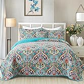 VAPUTAR Quilt Queen Bedding Set - Soft Cotton Quilts with Paisley Floral Pattern - Lightweight Reversible Bedspreads for Farmhouse (3 Pieces, Bright Teal)