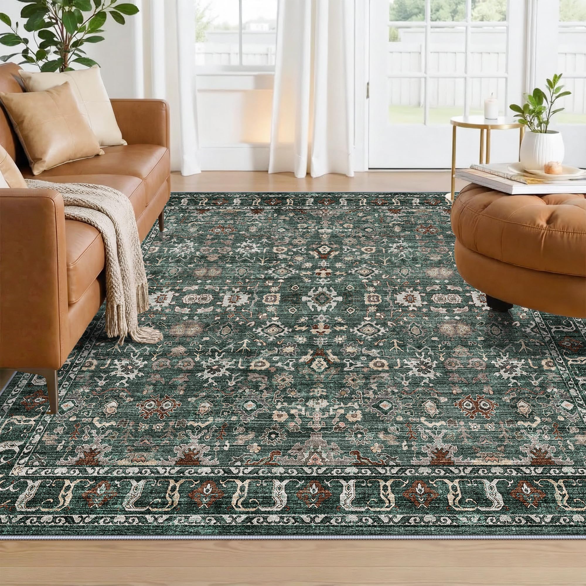 TOPRUUG Washable 6x6 Rug Square - Ultra Soft Living Room Area Rug Under Sofa Non-Slip Rugs for Bedroom Dining Room - Non-Slip & Stain Resistance Rugs for High Traffic Area (Dark Green Multi, 6x6) Image