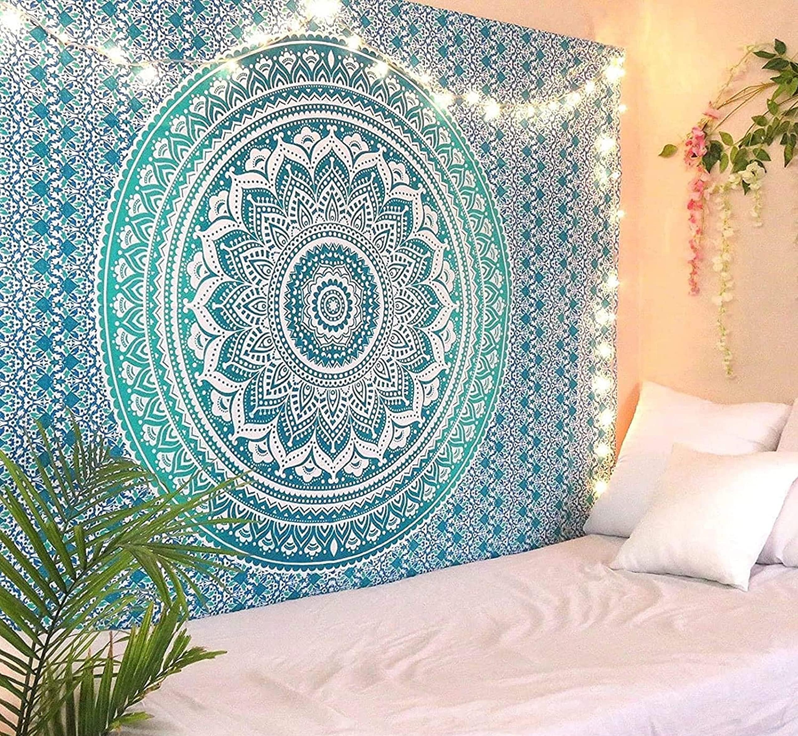 RAJRANG Mandala Tapestry Ombre Design Cotton Hippie Bedspread Decorative Blanket Curtain Room Divider Bohemian Wall Hanging Poster for Bedroom Living Dorm Meditation Sea Green 213x230 cm