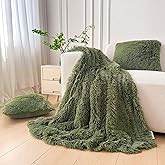 XeGe 3 Pieces Soft Faux Fur Throw Blanket Set, Moss Green Fluffy Furry Blanket 50x60, Shaggy Plush Fuzzy Blanket with 2 Throw Pillow Covers 18x18 for Bed Couch Sofa Living Room, Sage Green