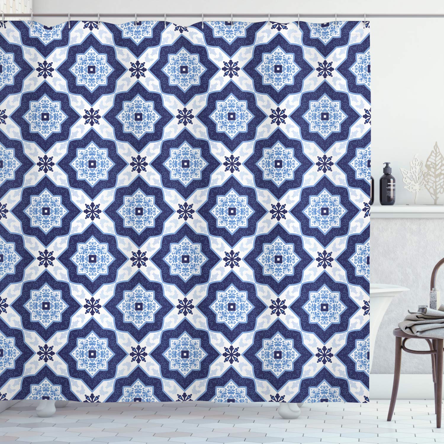 ABAKUHAUS Blue Shower Curtain, Traditional Portuguese Azulejo Tile Vintage Style Floral Mosaic Pattern, Cloth Fabric Bathroom Decor Set with Hooks, 94 Inches, Pale Blue Dark Blue — image 1