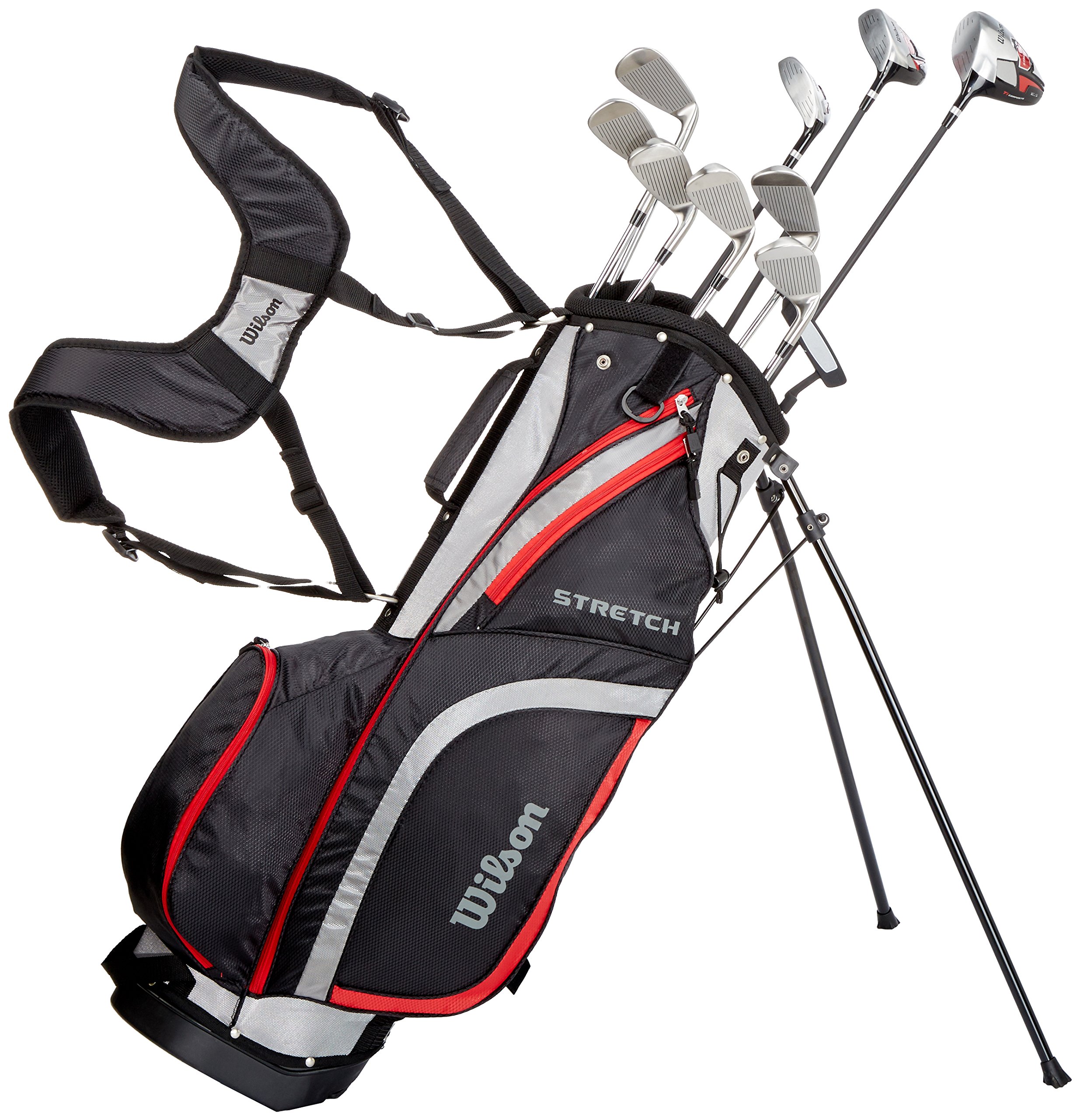 Wilson Beginner Complete Set, 10 golf clubs with stand bag, Men's (left hand), Stretch XL, Black/Grey/Red, WGG157550