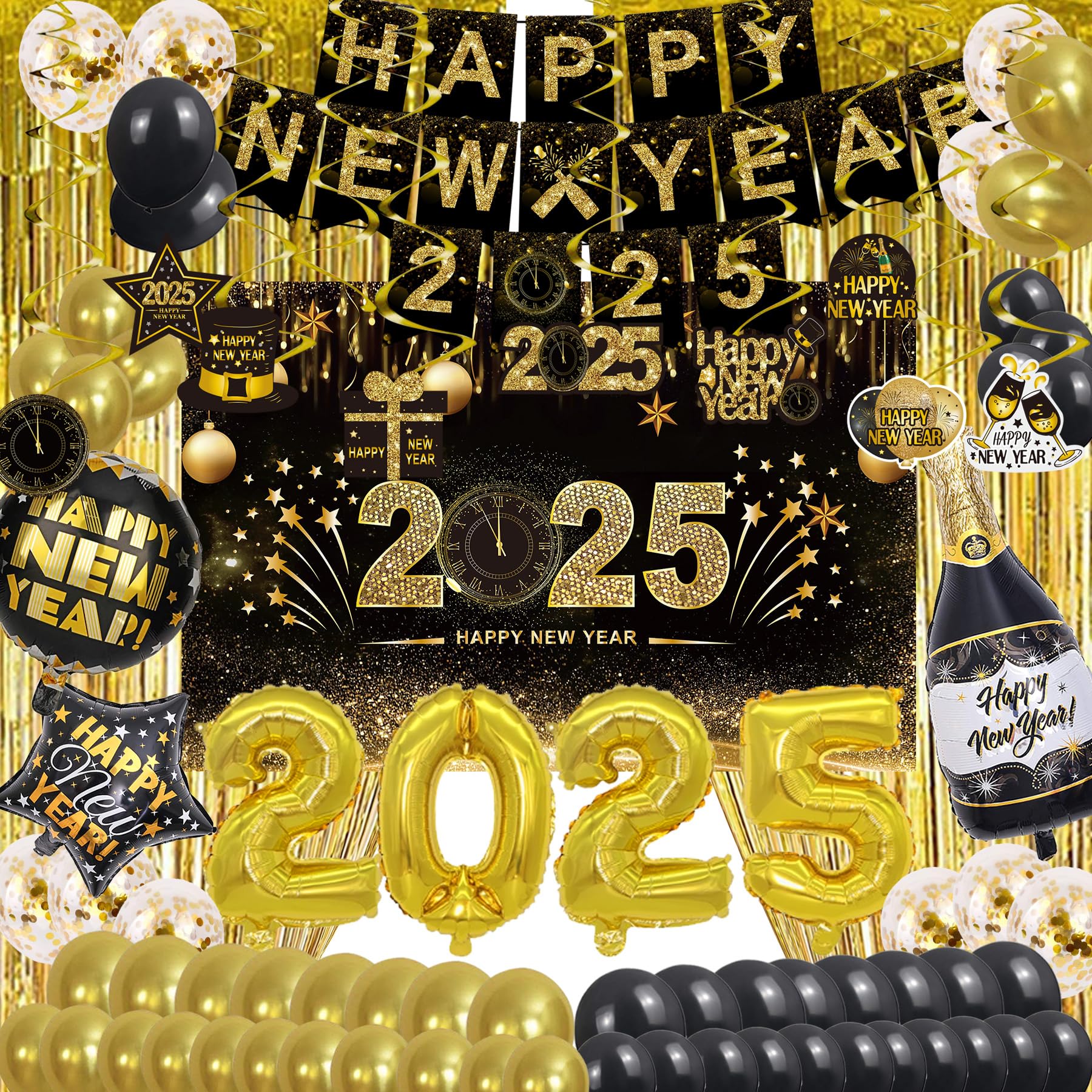 Photo 1 of Happy New Year Party Decoration Supplies - 2025 Backdrop Banner Fringe Curtains and Foil Balloon, Photo Booth Props, Swirls, Confetti, New Years Eve Black and Gold Decor Photography Backdrops Kit