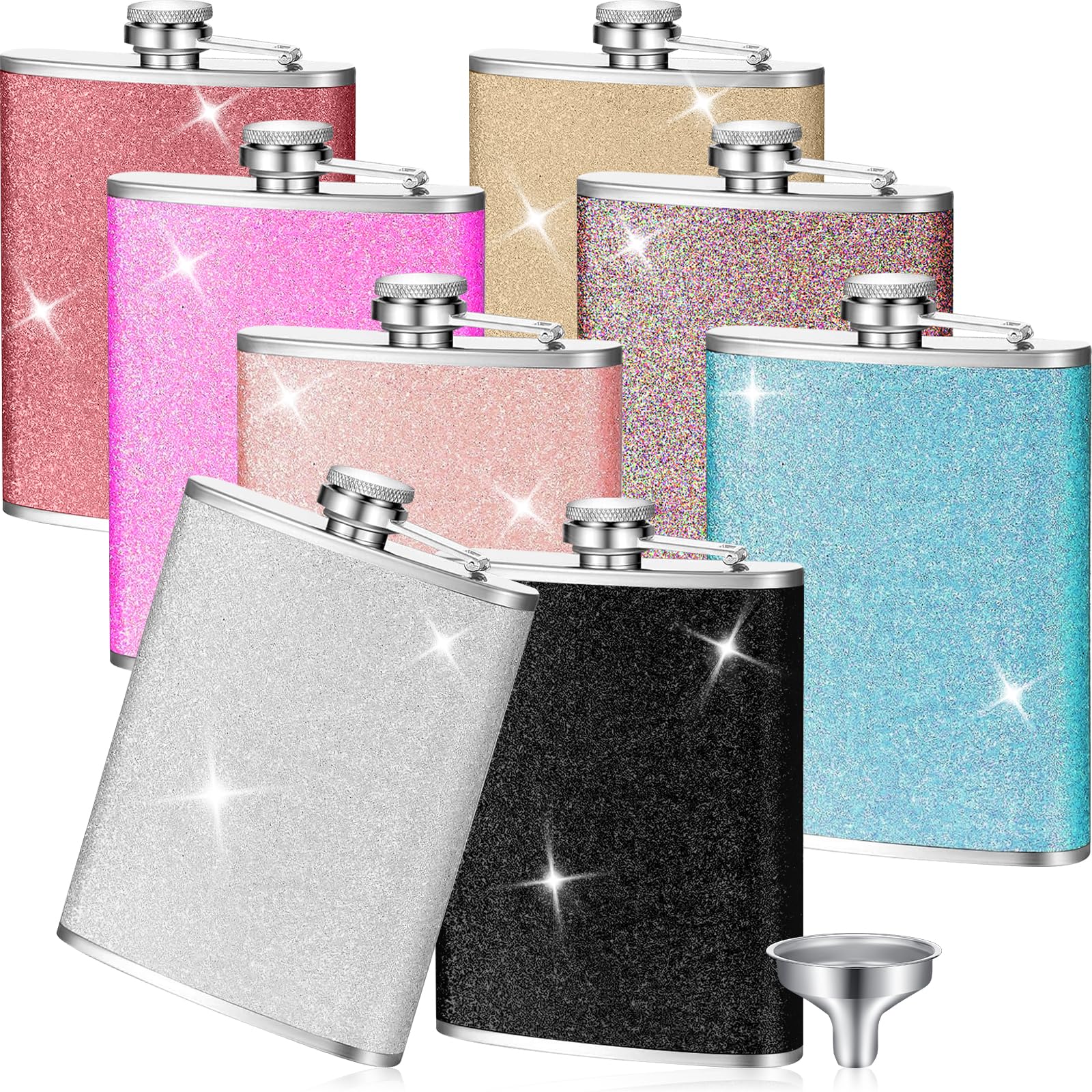 Photo 1 of Hushee 8 Pcs Bling Leakproof Flask with 8 Funnels Liquor Alcohol Flasks Hip Flask Reusable Colorful Flasks Whiskey Wine Flask Alcohol Kit for Liquor Cruise Girls Women Bridesmaids (6 oz)