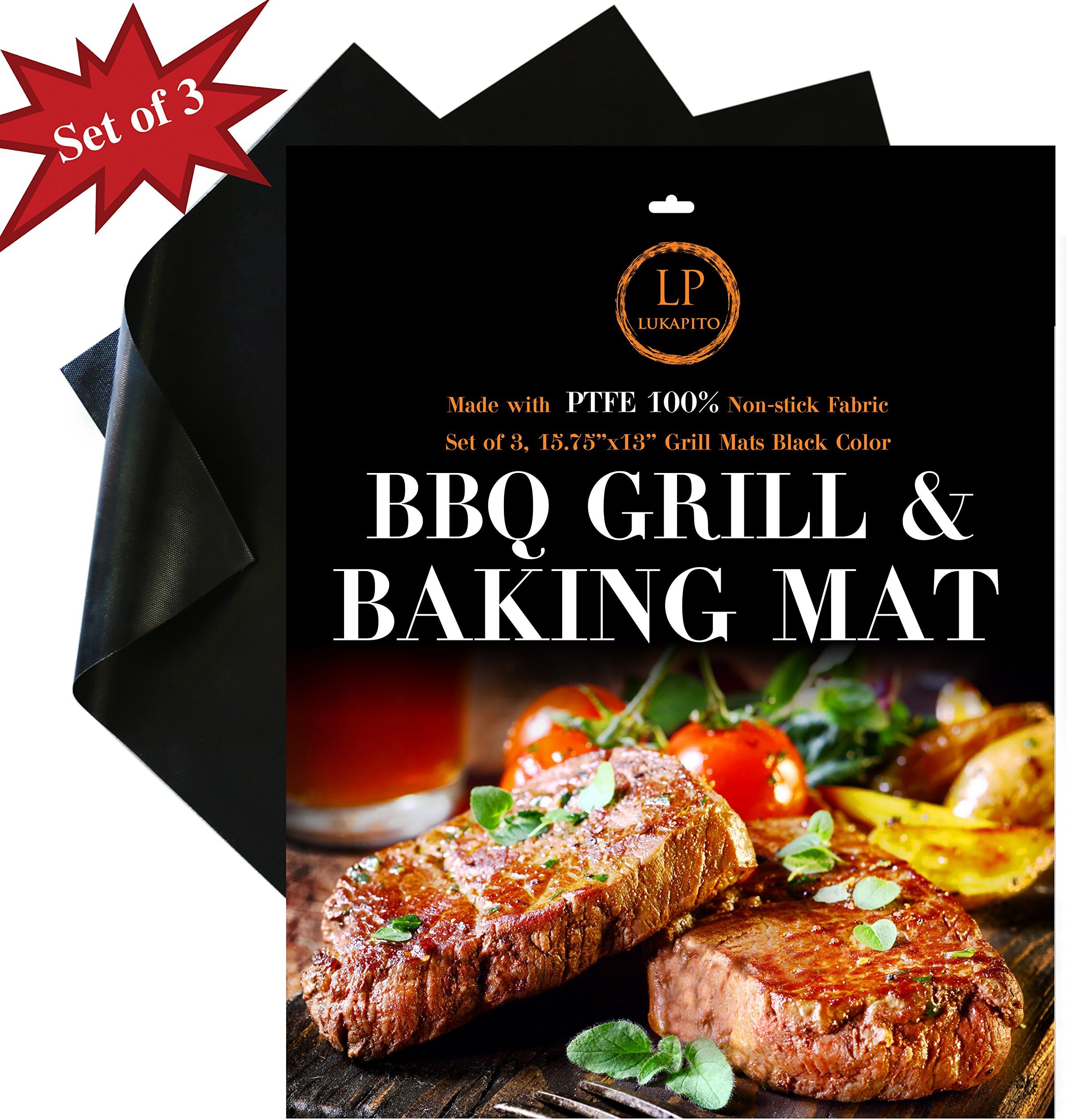 LukaPito Grill Mat for BBQ,Set of 3,Baking & CookingโDurable & 100% Non-Stick,FDA Approved PFOA Free, Eco Friendly Material-Heat Resistant, Works of Gas, Charcoal Electric Grill and More-15.75X13 inch