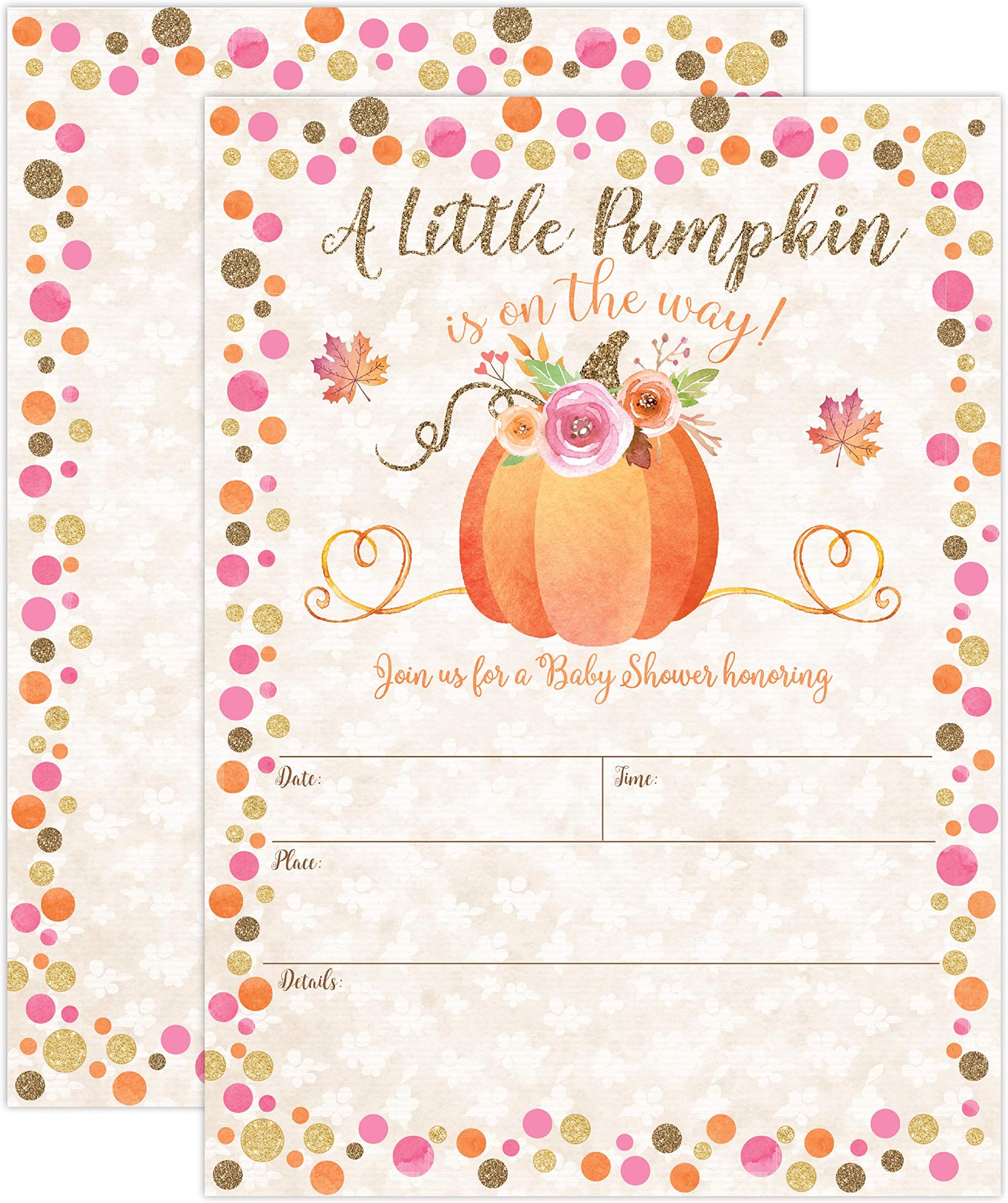 Pumpkin Fall Baby Shower Invitations, A7 Size Envelopes Included, Premium Heavy-weight Card Stock, Two Sided, Autumn Floral Design, 20 Count Pack