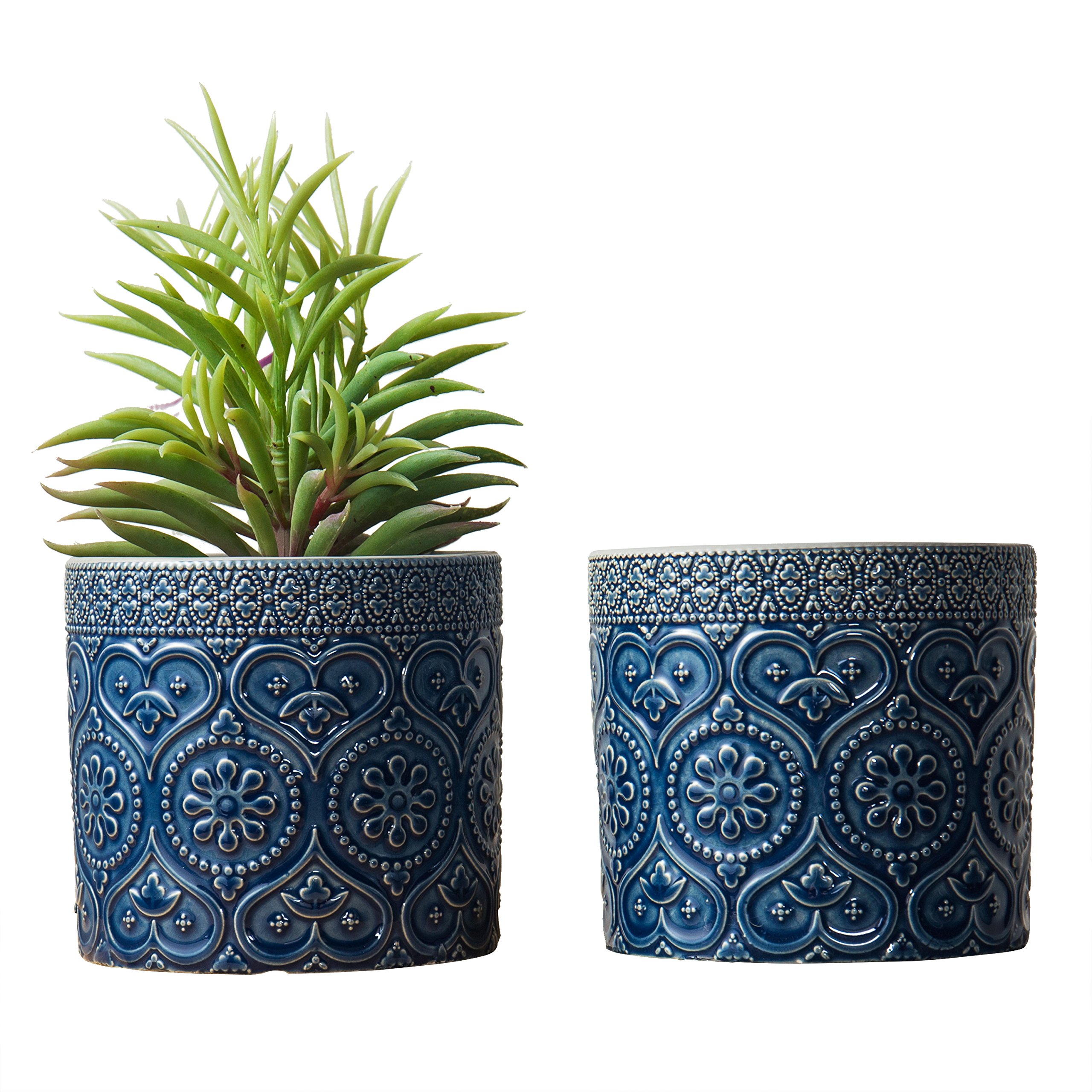 Photo 1 of MyGift 4 Inch Cobalt Blue Ceramic Indoor Small Planter Vase, Succulent Plant Pot with Embossed Design and Solid Bottom, Set of 2