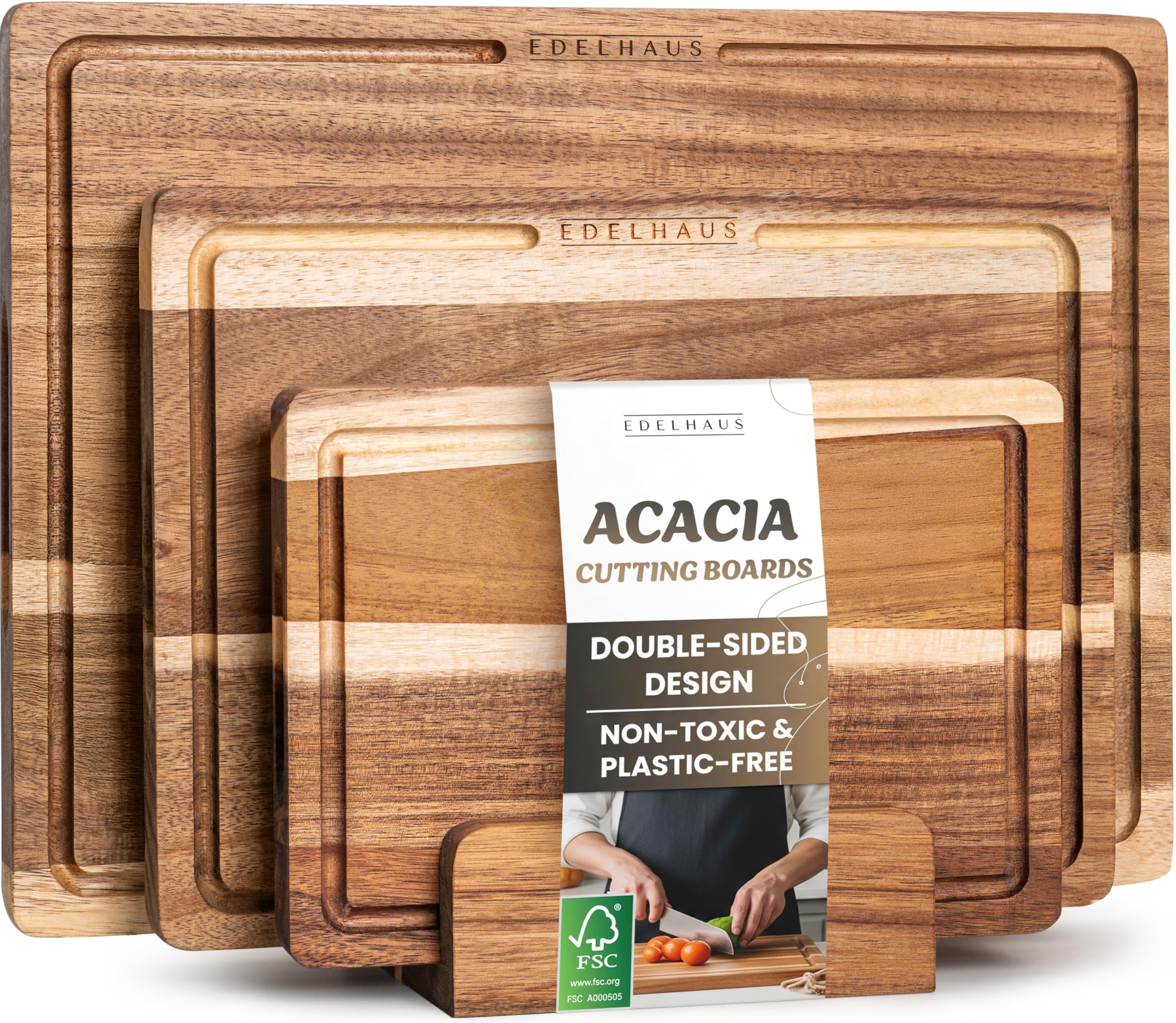 Photo 1 of Acacia Wood Cutting Board for Kitchen, Non-Toxic Cutting Board Set of 3, Chopping Boards with Deep Juice Groove for Meat, Cheese & Vegetables - Durable & Double sided with serving Compartments