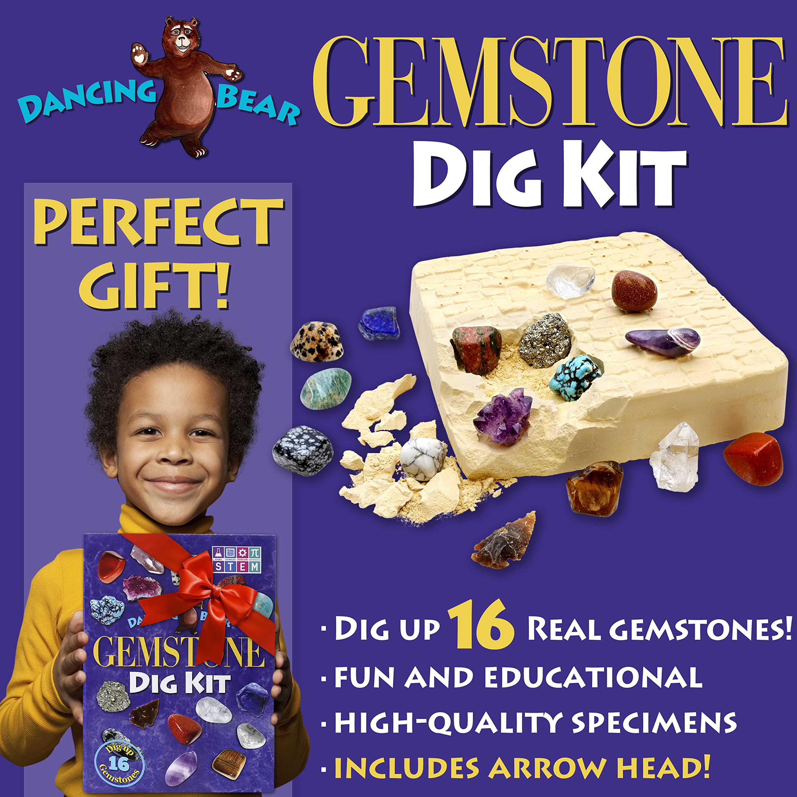 DANCING BEAR Gem stone Dig Kit, Excavate 16 Real Gems & Crystals including Arrowheads, Quartz Point and Amethyst, STEM Education for Kids, Fun Rock Mining Science Activity Gift Sets for Girls and Boys