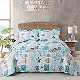 Travan King Size Beach Quilt, Ultra Soft & Fade Resistant Coastal Quilt Set with 2 Shams, Ocean Theme for All Season, Ancient Mark-02
