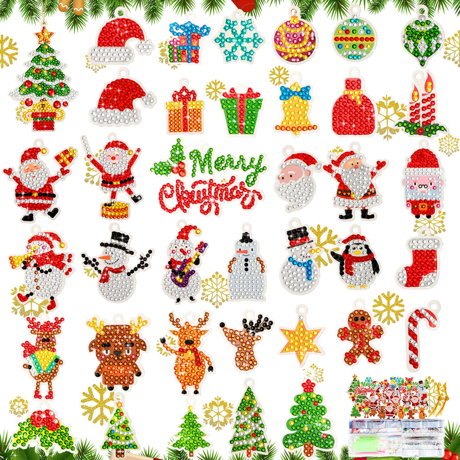 Geosar 38 Pieces Christmas Painting Keychain Mini Keychain Pendant 5D DIY Diamond Keychain Kit Rhinestone Mosaic Making Full Drill Diamond Pendant for Christmas Arts Craft