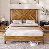Bme Vivian 14 Inch Deluxe Bed Frame with Headboard, Rustic &amp; Scandinavian Style with Solid Acacia Wood, No Box Spring Needed, 12 Strong Wood Slat Support, Easy Assembly, Queen, Rustic Golden Brown