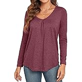ACIEMR Long Sleeve Shirts for Women Casual V-Neck Pleated Fall T-Shirts Loose Fit Tunic Tops Blouses