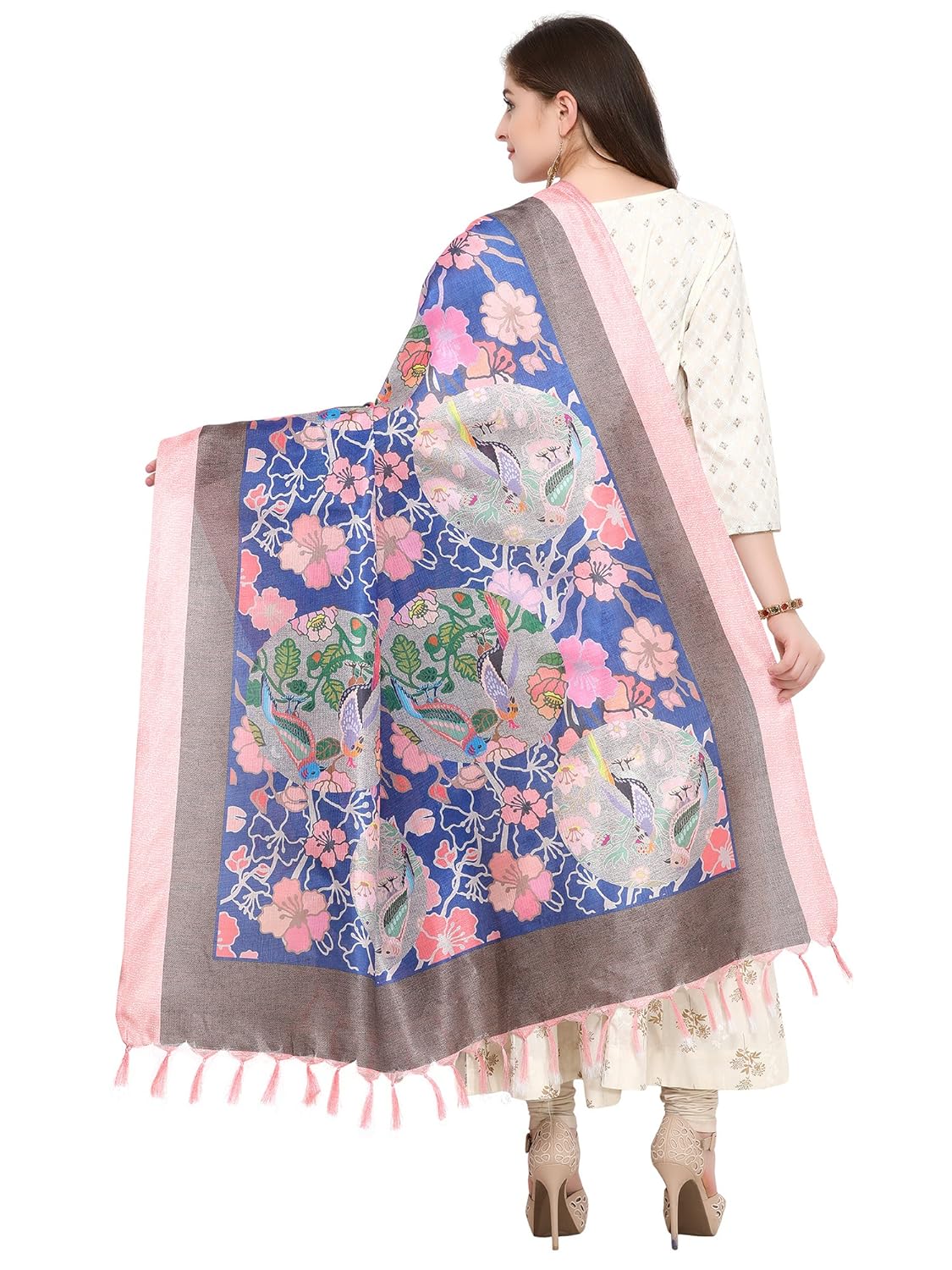 applecreation women's khadi silk dupatta(blue and light pink_free size)