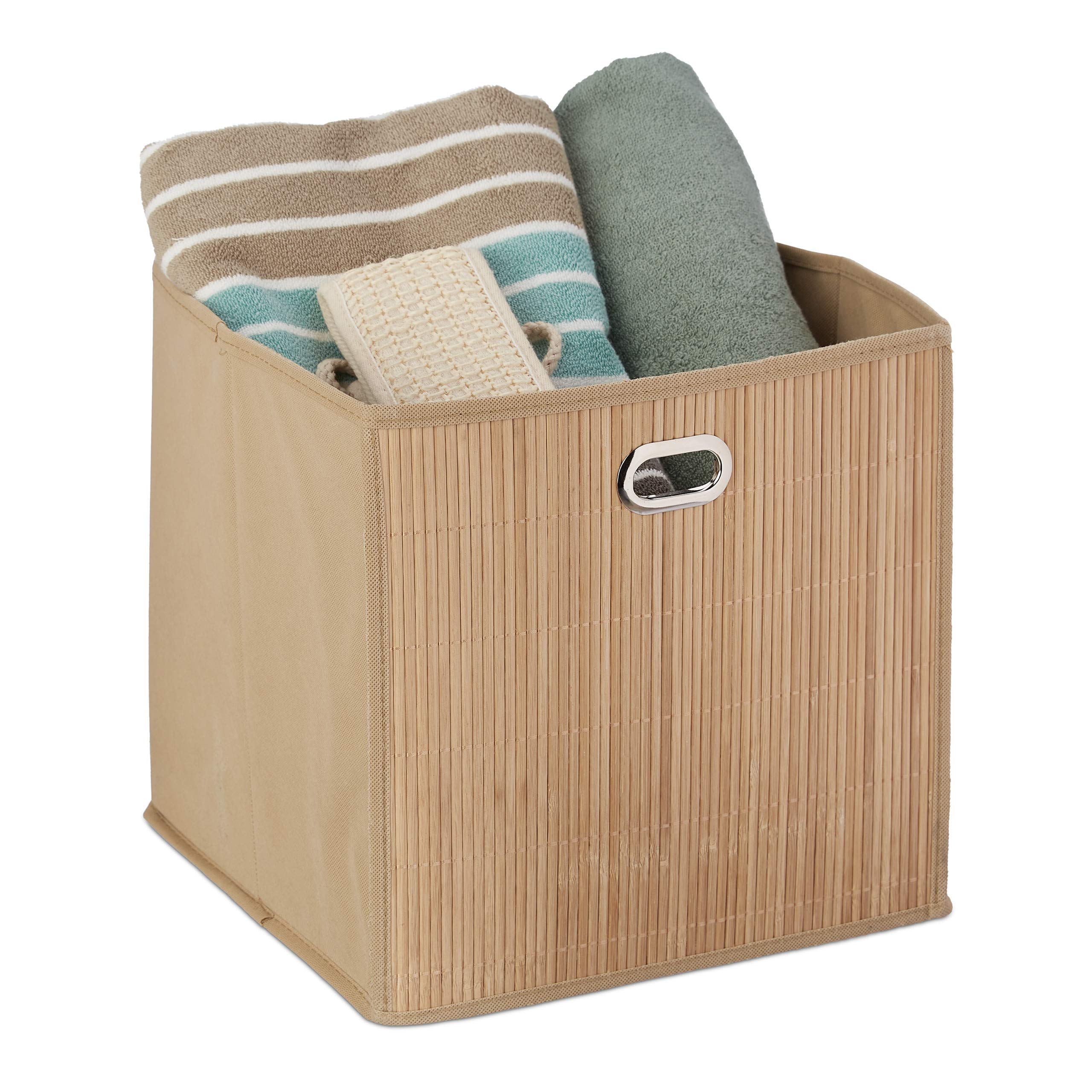 Relaxdays Bamboo Storage Basket, Bathroom & Bedroom Organiser, Cube, Tall Box, HxWxD 31 x 31 x 31 cm, Folding, Natural