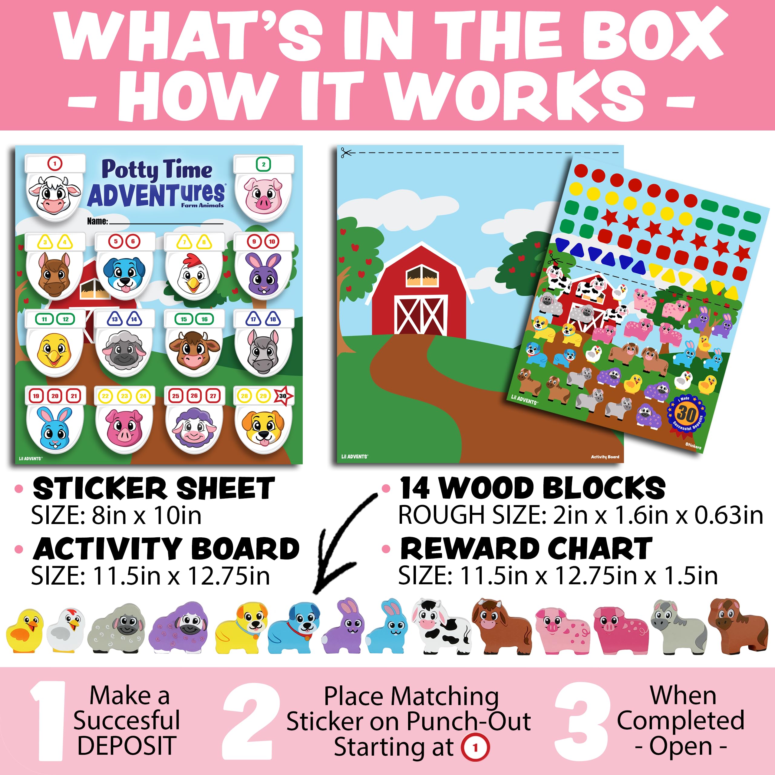 Potty Time Adventures Toddler Potty Training Chart by Lil ADVENTS - 14 Wood Blocks / Stacking Block Toys - Potty Training Advent Game - Behavior Reward Chart, Stickers & Activity Board - Farm Animals