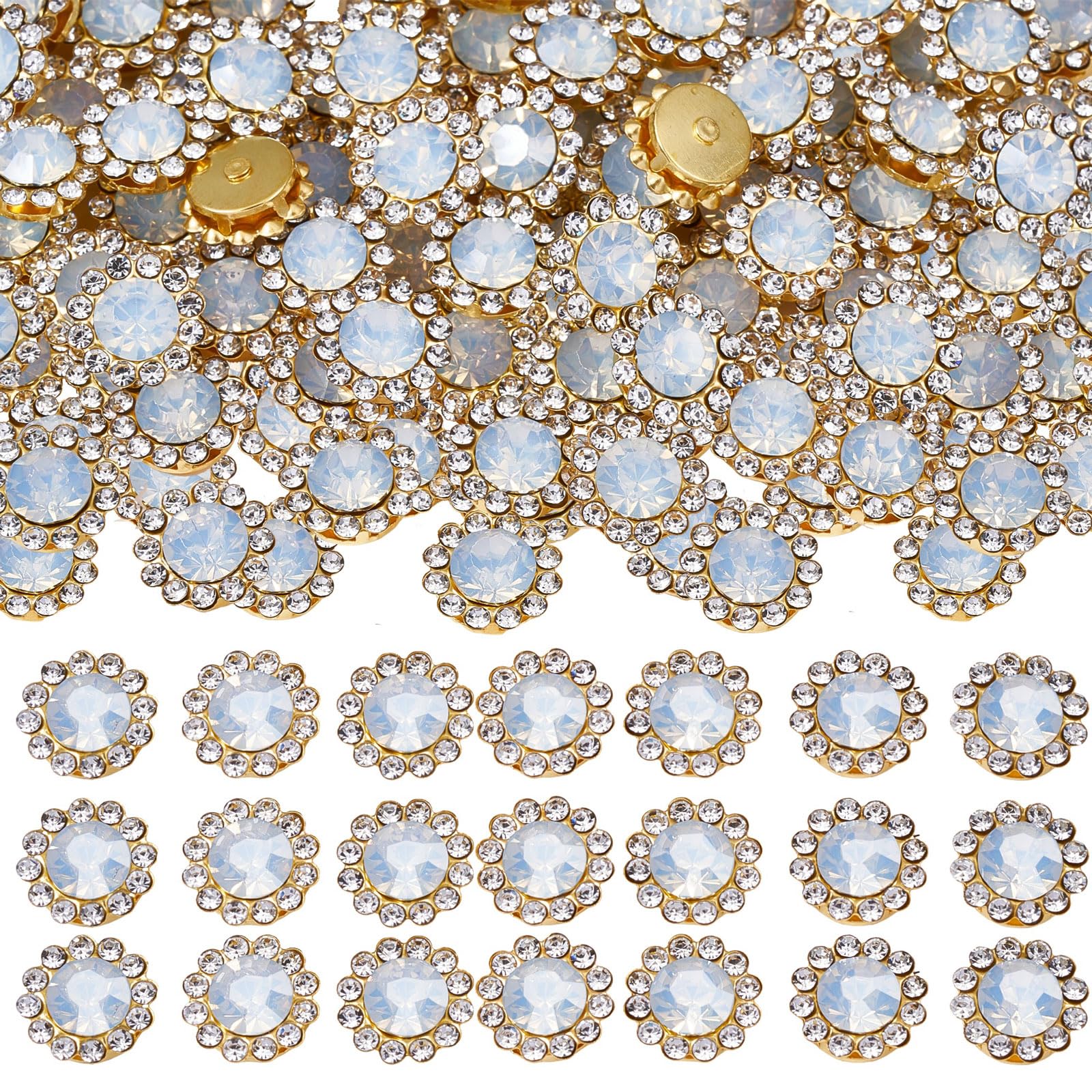 Photo 1 of 100 Pcs 12MM Sew on Rhinestones Crystals Glass Metal Base Sewing Flower Claw Rhinestones for Clothes Shoes Earring Belt Crafts Sewing Accessories(White Opal)
