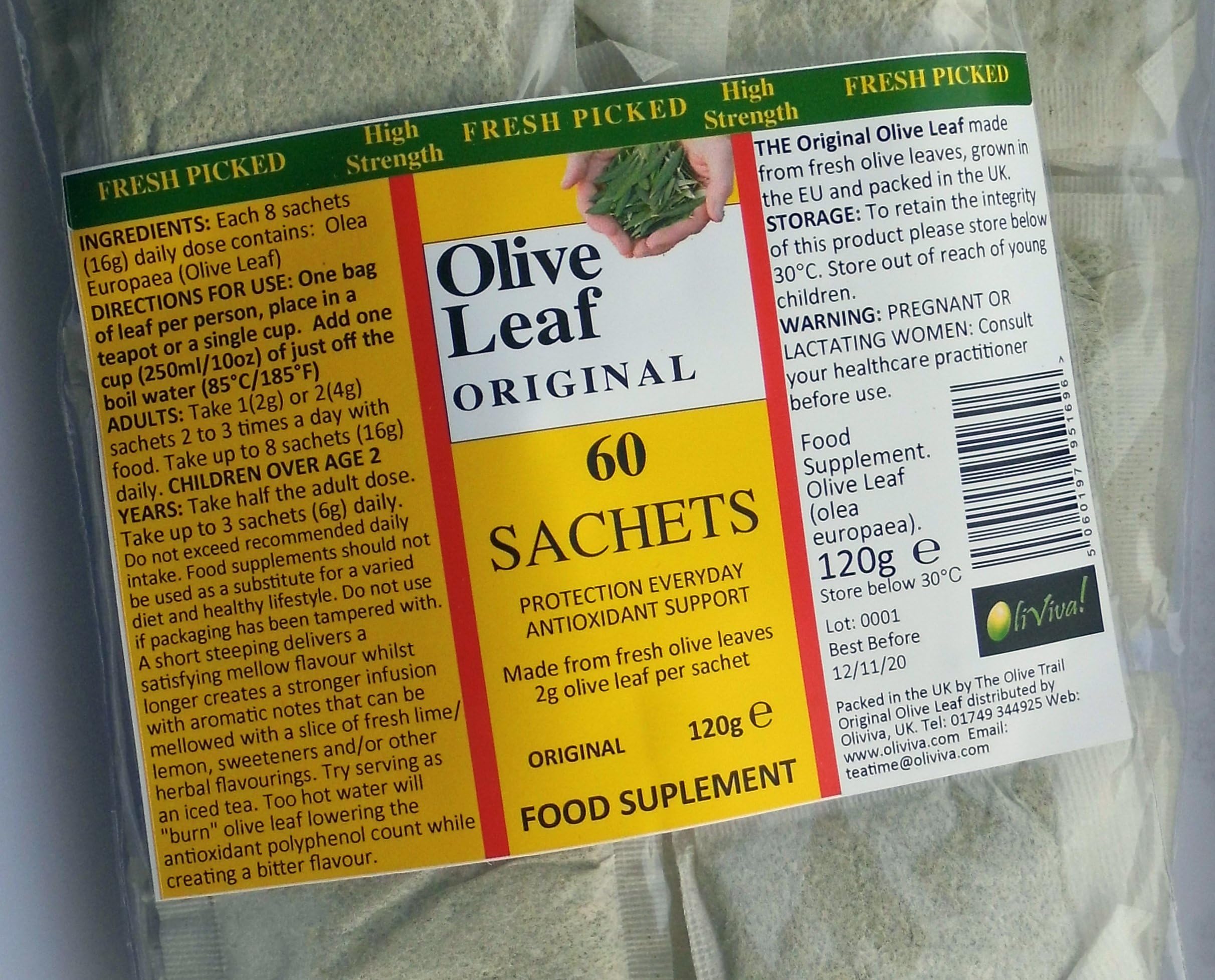 High Grade Olive Leaf Tea 60 Sachets Bags Naturally Caffeine & Tannin Free