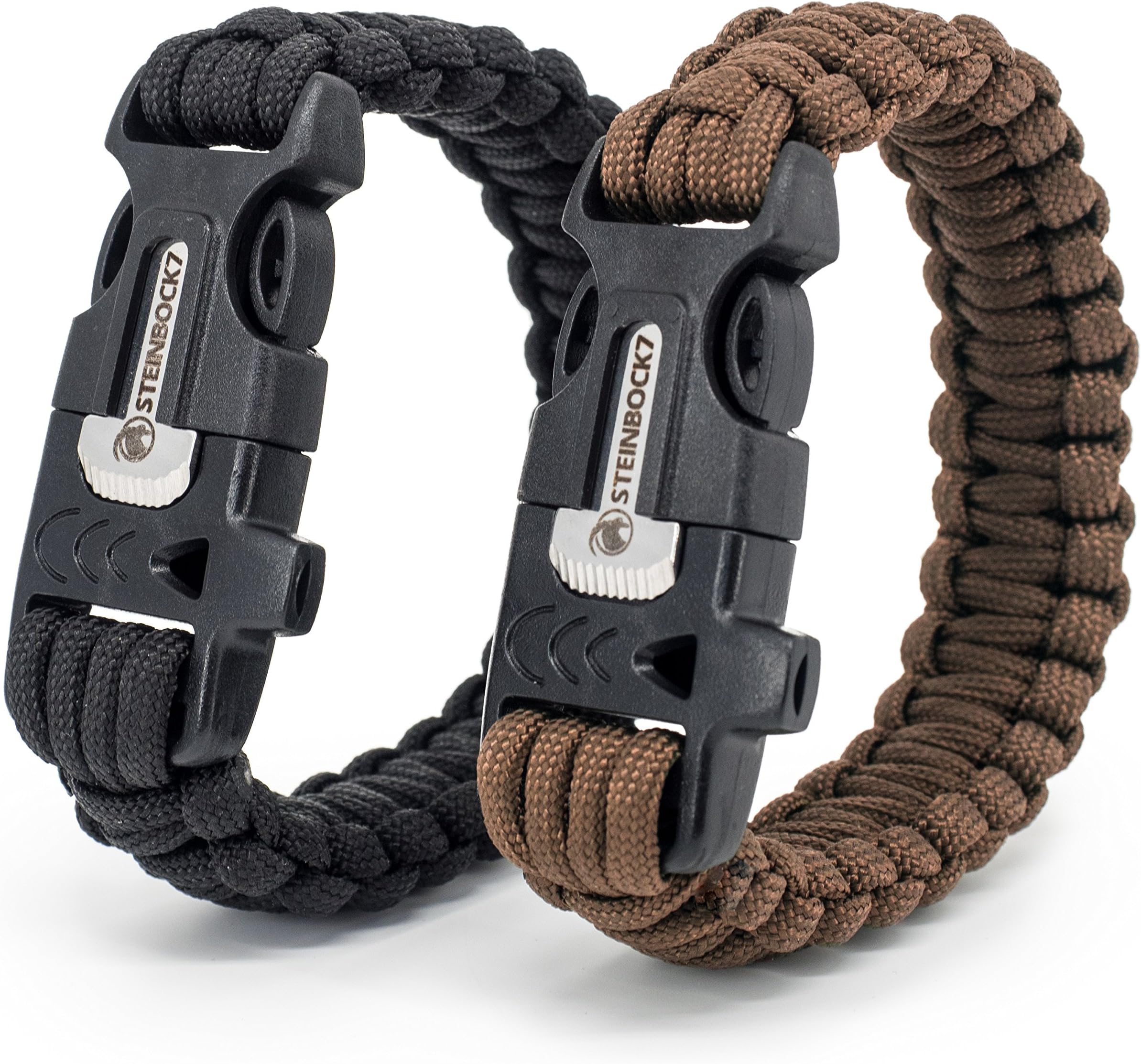 Steinbock7 Survival Paracord Bracelet Wrist Band Set of 2, with Instructions for braiding and Flint & Knife Set, Schwarz + Braun 2er Set