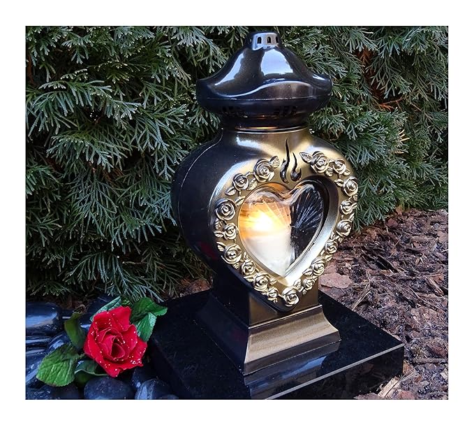 ? GRABLAMPE Herz incl. LED-Grablicht 28,0cm GRABSCHMUCK GRABLATERNE GRABLEUCHTE Laterne Kerze LICHT Friedhof Garten TROSTHERZ