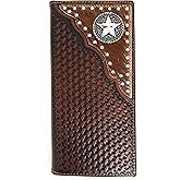 Texas West Western Men's Basketweave Genuine Leather Lone Star Long Cowhide Stud Bifold Wallet (coffee)