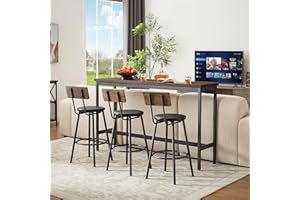Elevon Long Bar Table Set with 3 PU Upholstered Bar Stools, Dining Table and Chair Sets, Industrial Tall Coffee Table and Back Chair for Kitchen, Living Room, Party Room, Small Space, Pub, Brown