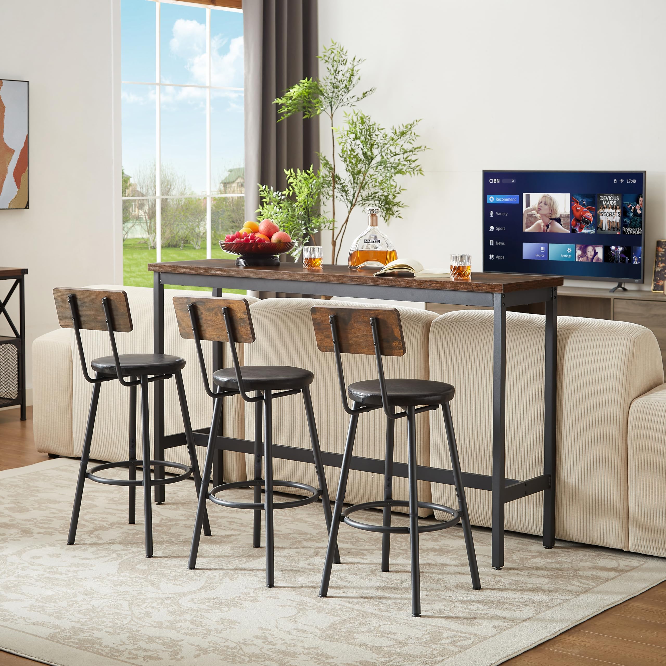 Photo 1 of Elevon Long Bar Table Set with 3 PU Upholstered Bar Stools, Dining Table and Chair Sets, Industrial Tall Coffee Table and Back Chair for Kitchen, Living Room, Party Room, Small Space, Pub, Brown