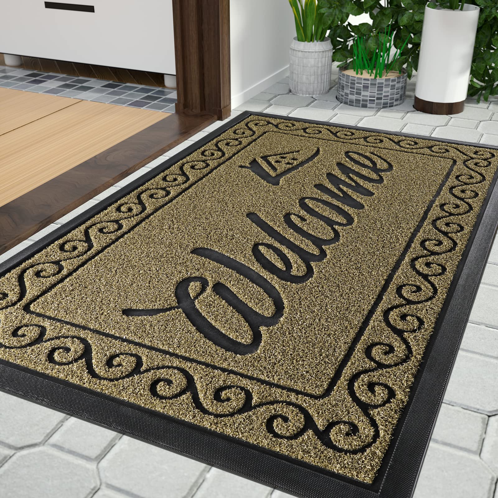 Yimobra welcome door mat, Heavy Duty Sturdy Front Mats for Home Entrance Outdoor Indoor,Non Slip Backing, Exterior Mats for Outside Patio Porch Farmhouse, 92 x 61 cm, Black Gray