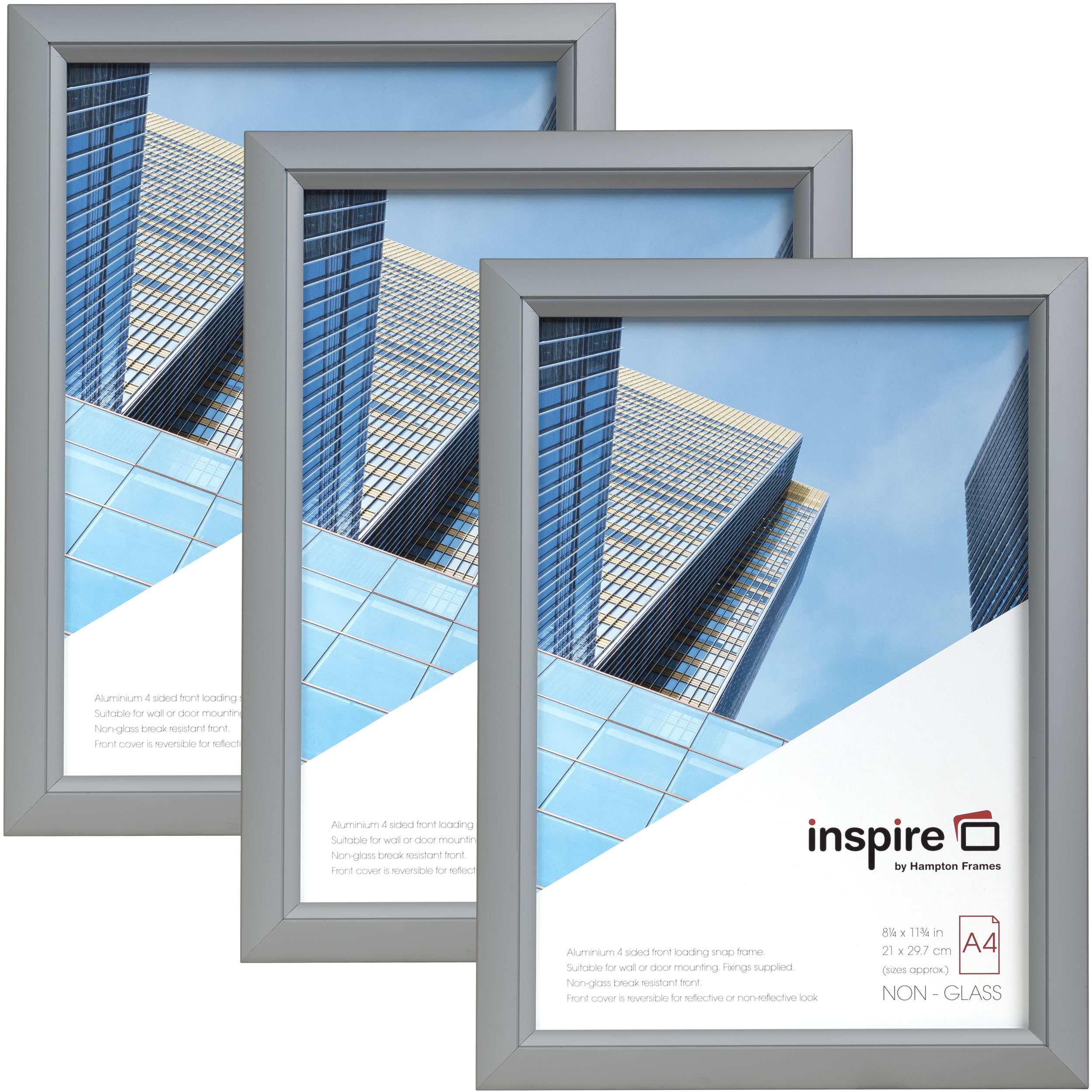inspire by Hampton Frames | Snap Frame Pack of 3 | A4 (21x30cm), Silver, Rectangular, Acrylic Front | Easy Change, Wall Mountable, Non Glass | Display Posters, Certificates, Photos