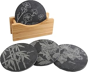 Vastigo Circle Shaped Slate Coasters in Bamboo Holder w/ Flower Designs of Bamboo, Chrysanthemum, Plum Blossom, and Orchid | Original Laser Etched Designs | Helps Protect Table Surfaces