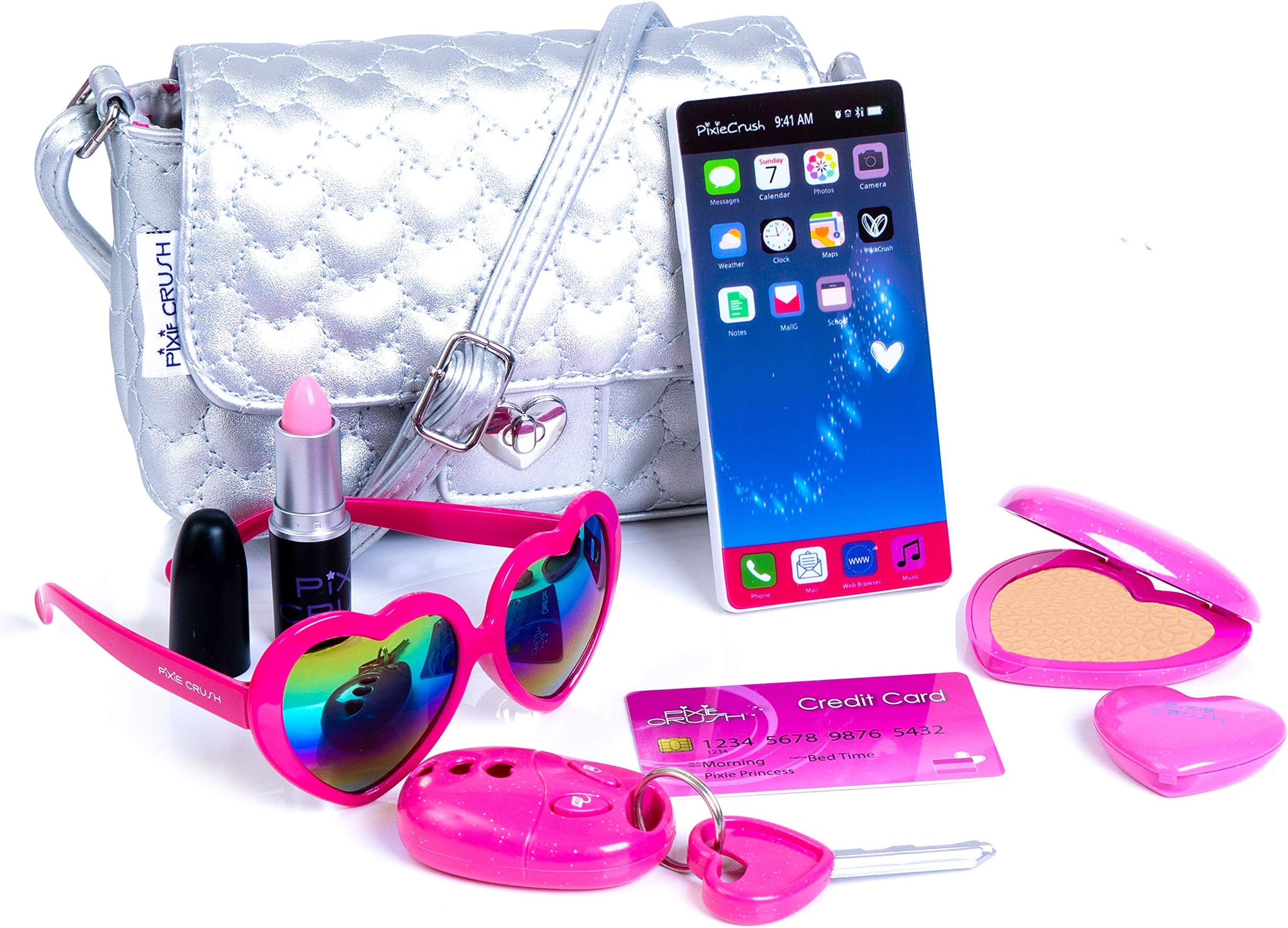 PixieCrush Pretend Play Purse & Makeup for Girls - Fun Little Girl Cosmetics Toys Set with Pretend Makeup, Cute Press Powder, Eyeshadow, Cell Phone, Kids Lipstick, Sunglasses & Keys