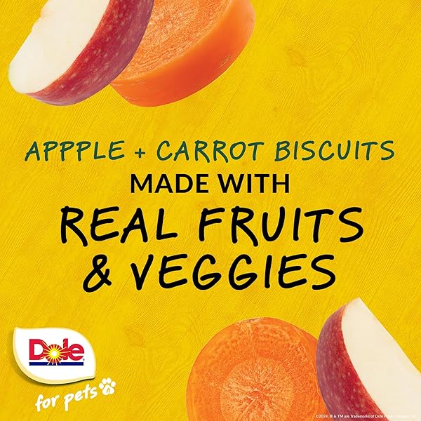 DOLE FOR PETS DOG BISCUITS ASSORTED APPLE + CARROT MIX, REAL FRUIT AND VEGETABLE FLAVOR VEGAN CRUNCHY TREATS, NO WHEAT CORN SOY OR ARTIFICIAL ADDITIVES, BITE SIZE TRAINING SNACKS FOR DOGS, 7 OZ