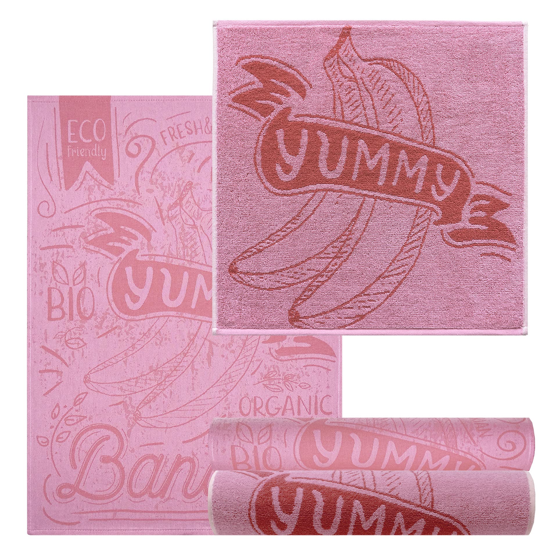 Lashuma 4 x Kitchen Towels, Pink, 2 x Kitchen Towels 50 x 50 cm, 2 Tea Towels 50 x 70 cm, Design: Banana