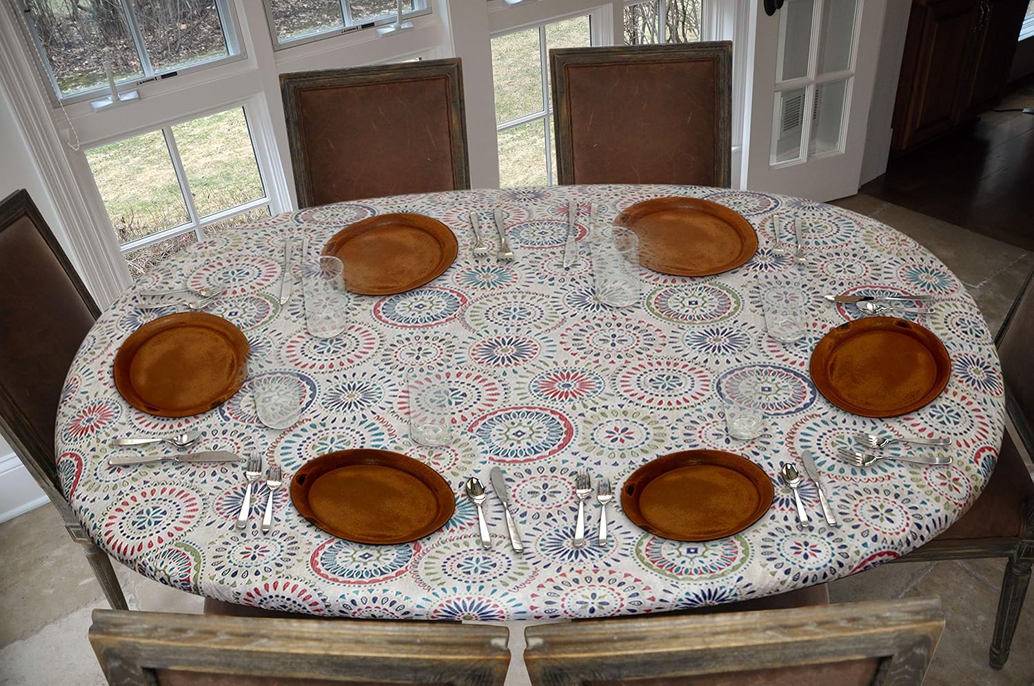 Elastic Flannel Backed Vinyl Fitted Table Cover MULTICOLOR GEOMETRIC