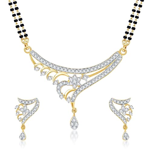 Gold and Rhodium Plated Alloy Mangalsutra Set with Earrings for Women Made with Cubic Zirconia - MP1056G [VKMP1056G]