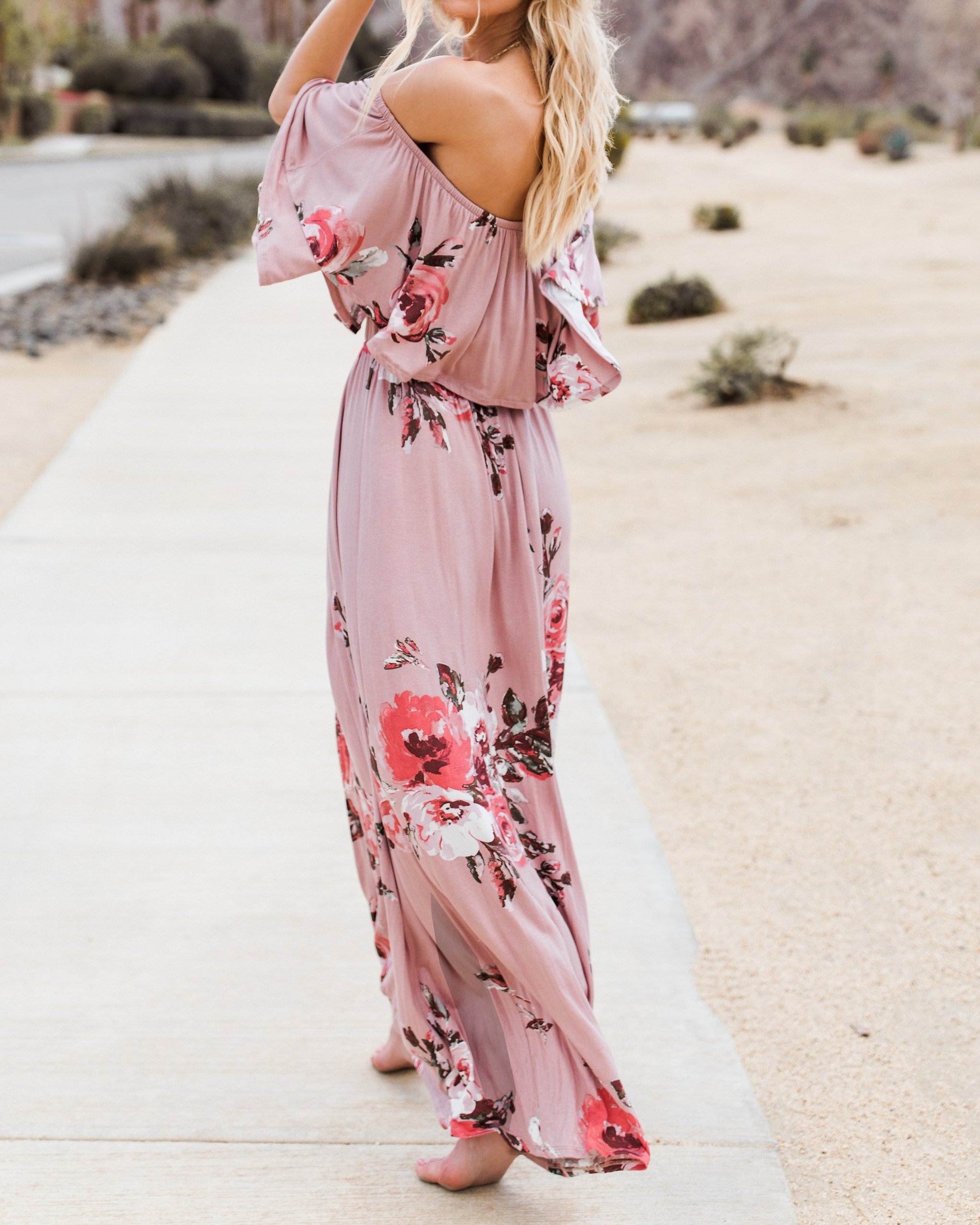 Womens Floral Off The Shoulder Dresses Summer Casual Ruffle High Waist Slit Long Maxi Dress with Pockets Pink