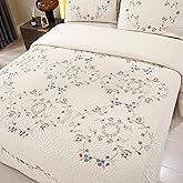 Quilt Set Blue Floral 3D Embroidery Pattern 3 PCS 100% Cotton Reversible Quilted Embroidered Decorative Bedspreads Coverlet Set, Lightweight &Soft King Size White Bedding Coverlet for All Season