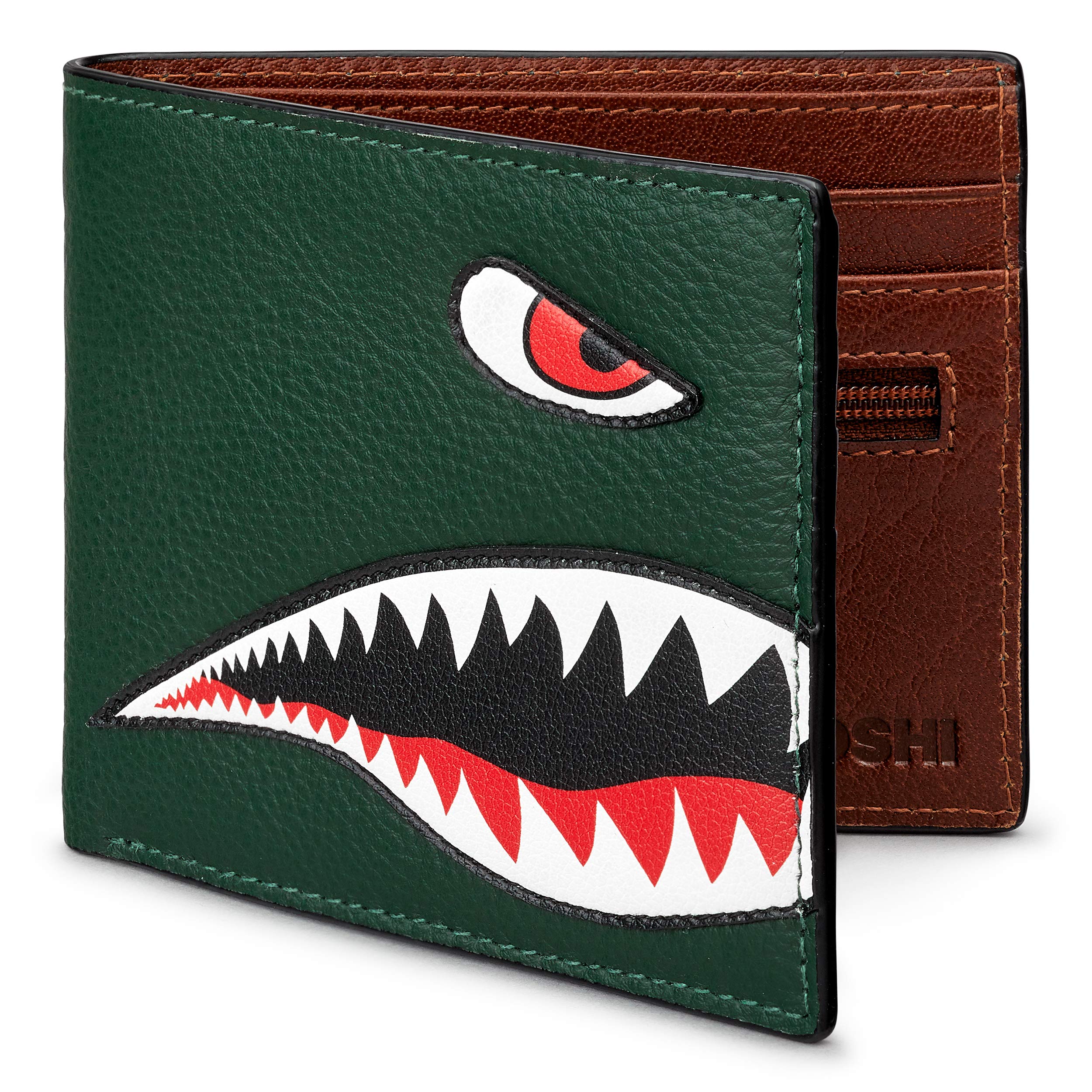 Yoshi Flying Tiger Nose Cone Men's Leather Wallet, Genuine Green & Brown Leather Wallet, RFID Blocking Wallet, Slim Wallet for Men