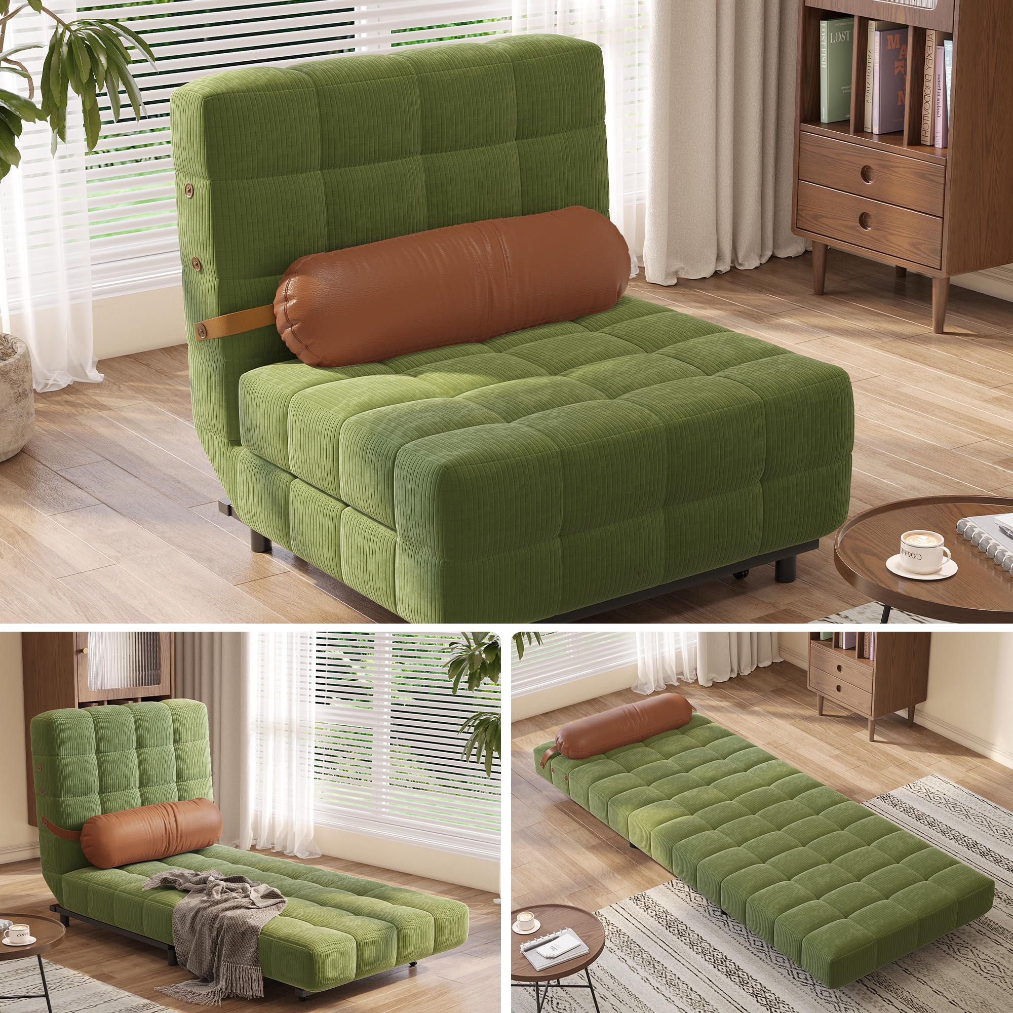 Photo 1 of ***MISSING ONE PART- SELLING AS IS)*** 
JASIWAY Convertible Chair Bed Sleeper for Adults, 3-in-1 Convertable Single Sofa Futon Chair for Small Spaces, Foldable Sleeping Chaise Lounge, Trifold, Armless, Corduroy (Green, 31.5" W x 77.6" D)