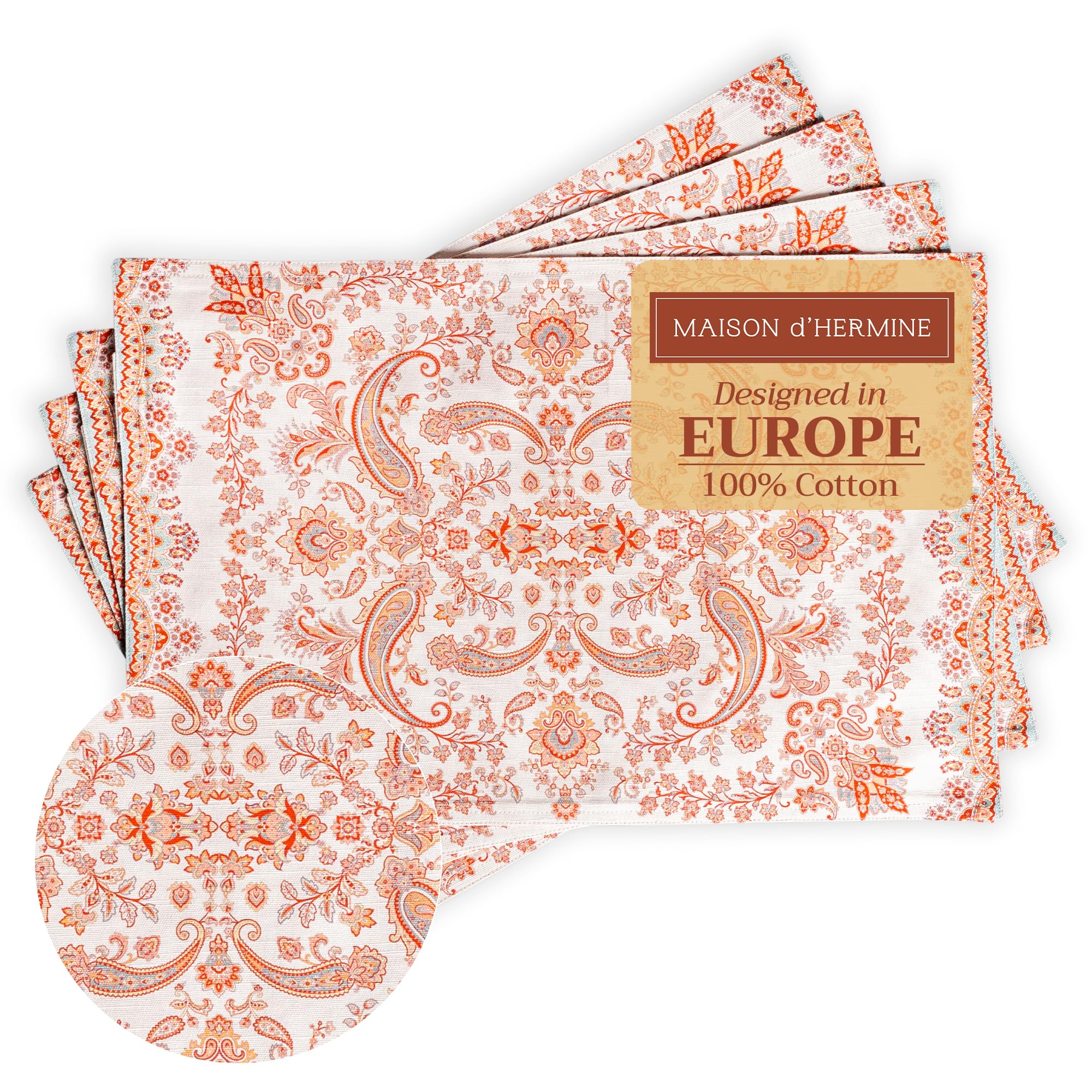 Maison d' Hermine Placemats Set of 4 100% Cotton Washable Cloth Place Mats, Reusable Table Mats for Christmas Decorations Kitchen Dining Party Wedding Restaurant (Cachemire, 33 CM x 48 CM)