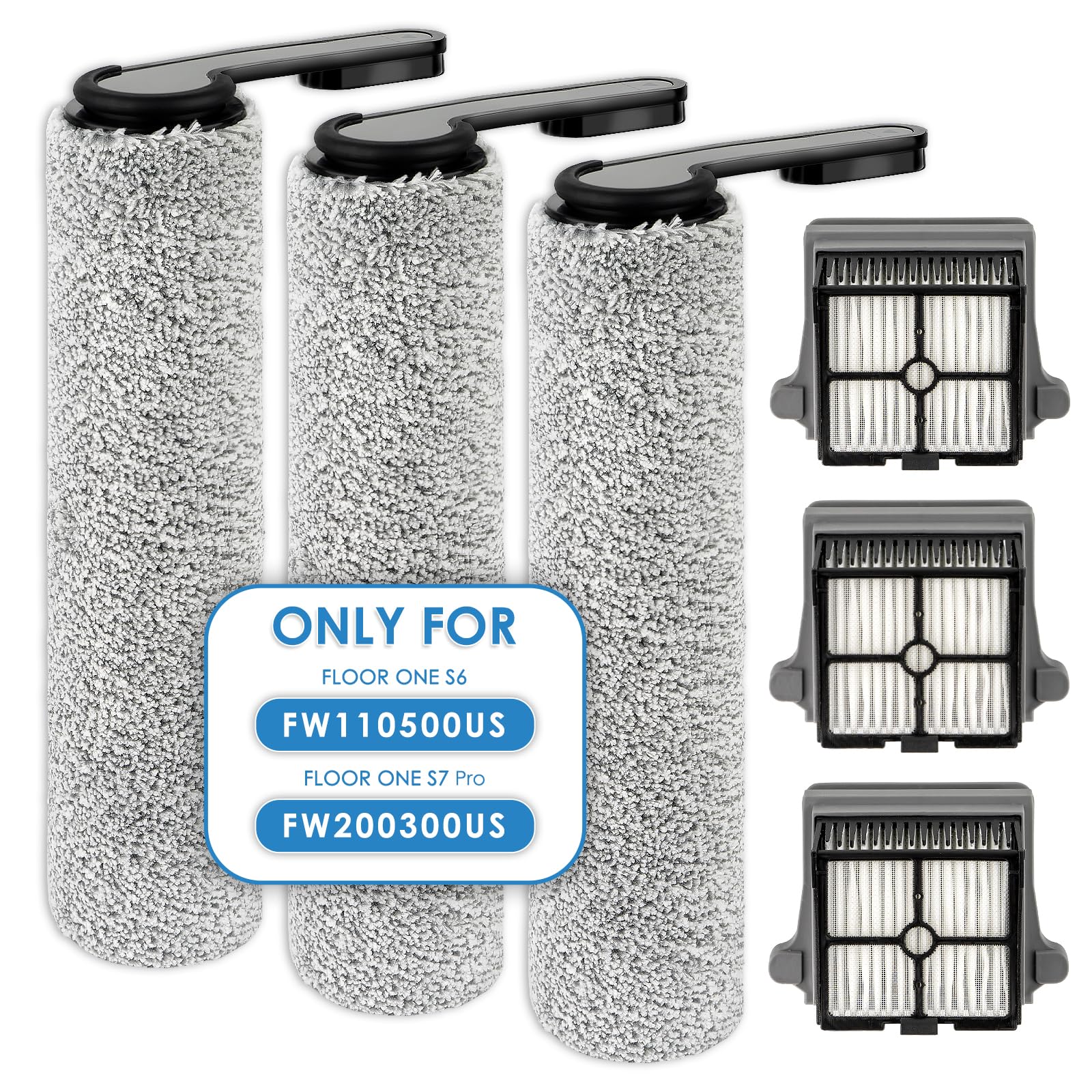 Photo 1 of ?ROLLER HANDLE NOT DETACHABLE?(6 Pack) Brush Rollers and HEPA Filters for Tineco Floor ONE S7 PRO/ONE S6 Smart Cordless Wet Dry Vacuum Cleaner, Replacement Parts, 3 HEPA Filters, 3 Brush Rollers