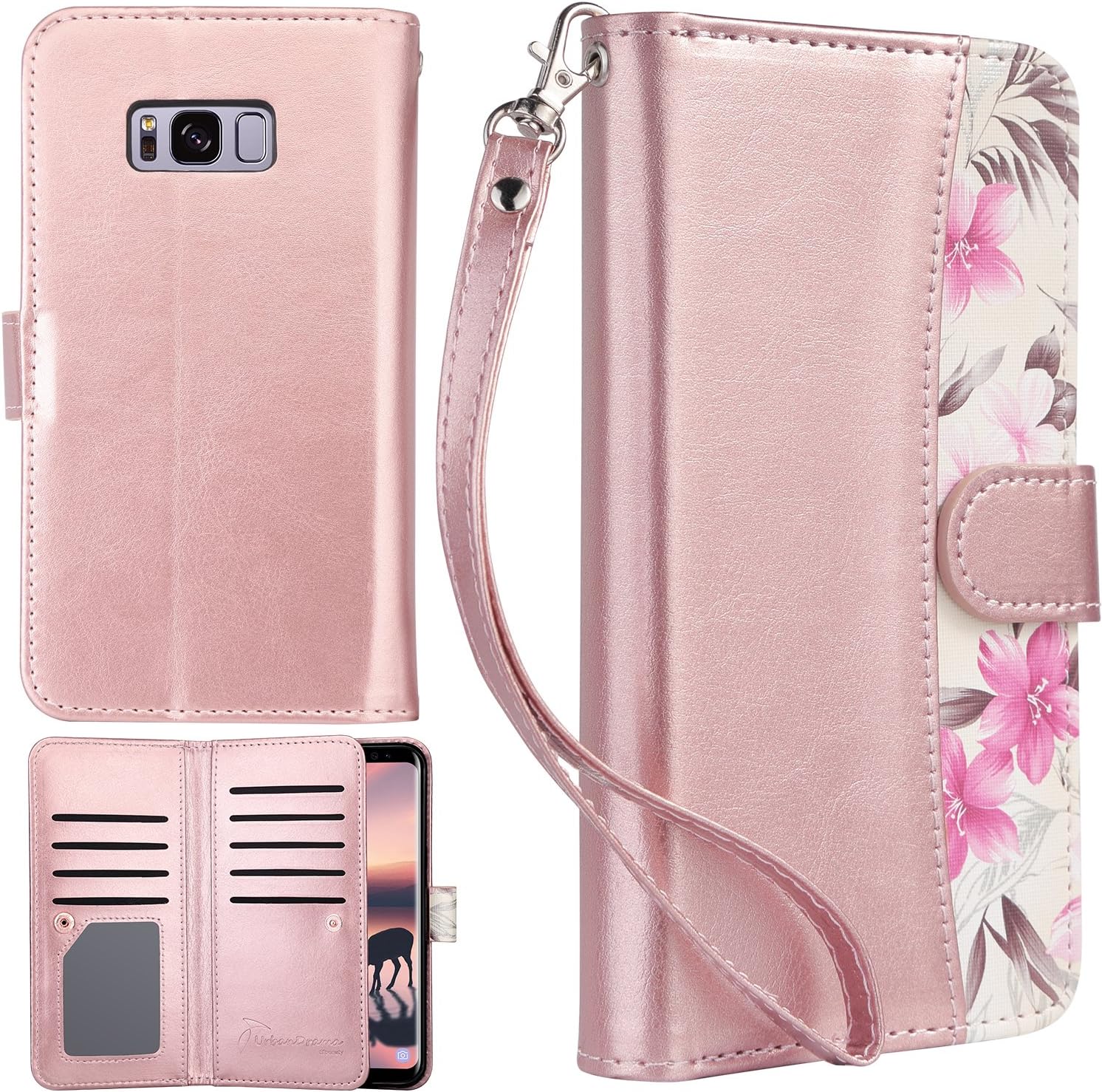 UrbanDrama for Samsung Galaxy S8 Case Galaxy S8 Wallet Case, Faux Leather Magnetic Closure Credit Card 9 Slots Cash Holder Protective Case for Samsung S8 5.8 inch, Rose Gold