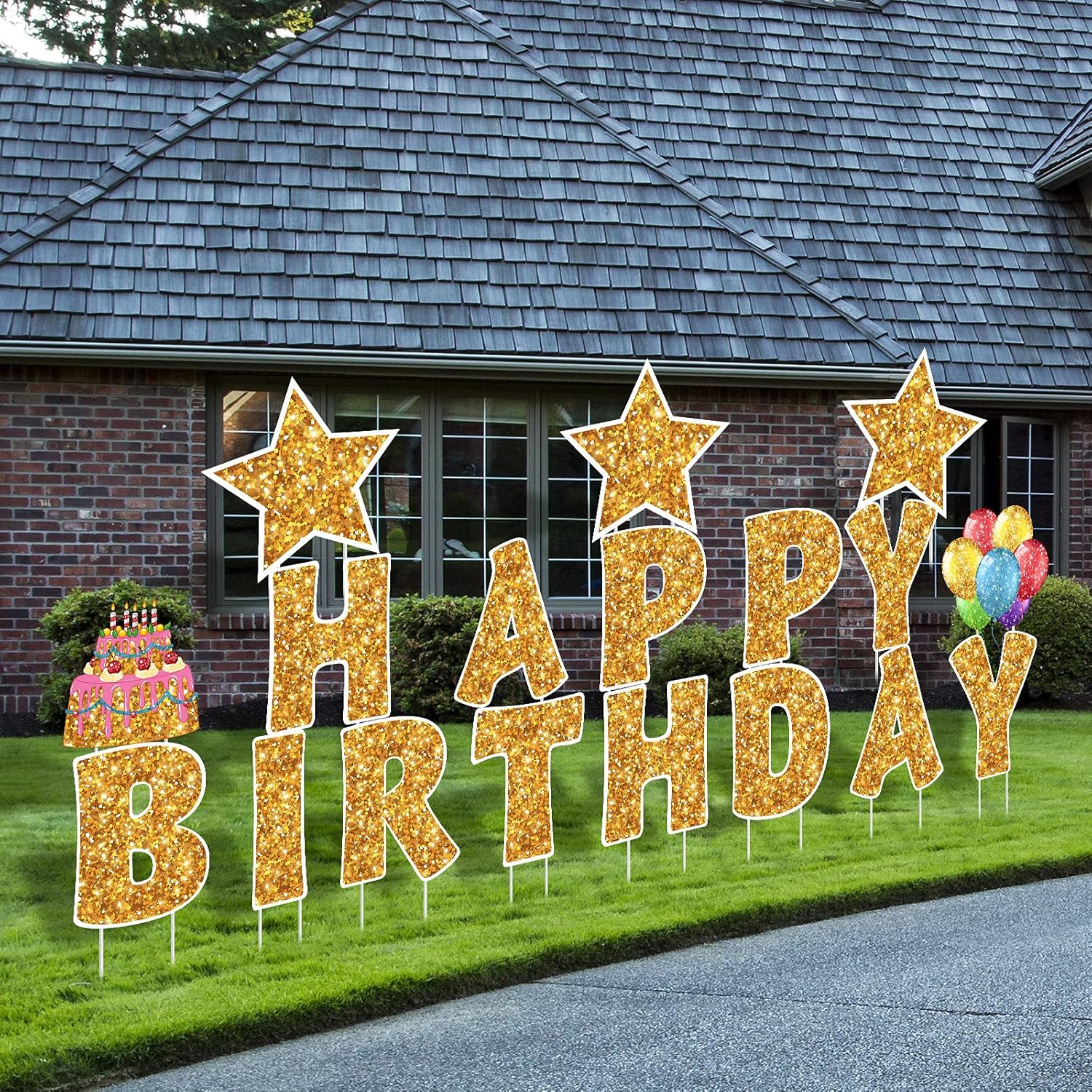 Yard Signs - Jetec 18 Pieces Happy Birthday Yard Signs with Stakes, Birthday Outdoor Lawn Signs, Birthday Cake Balloon Lawn Decorations, Glitter Birthday Party Lawn Decorations for Birthday Party (Gold)